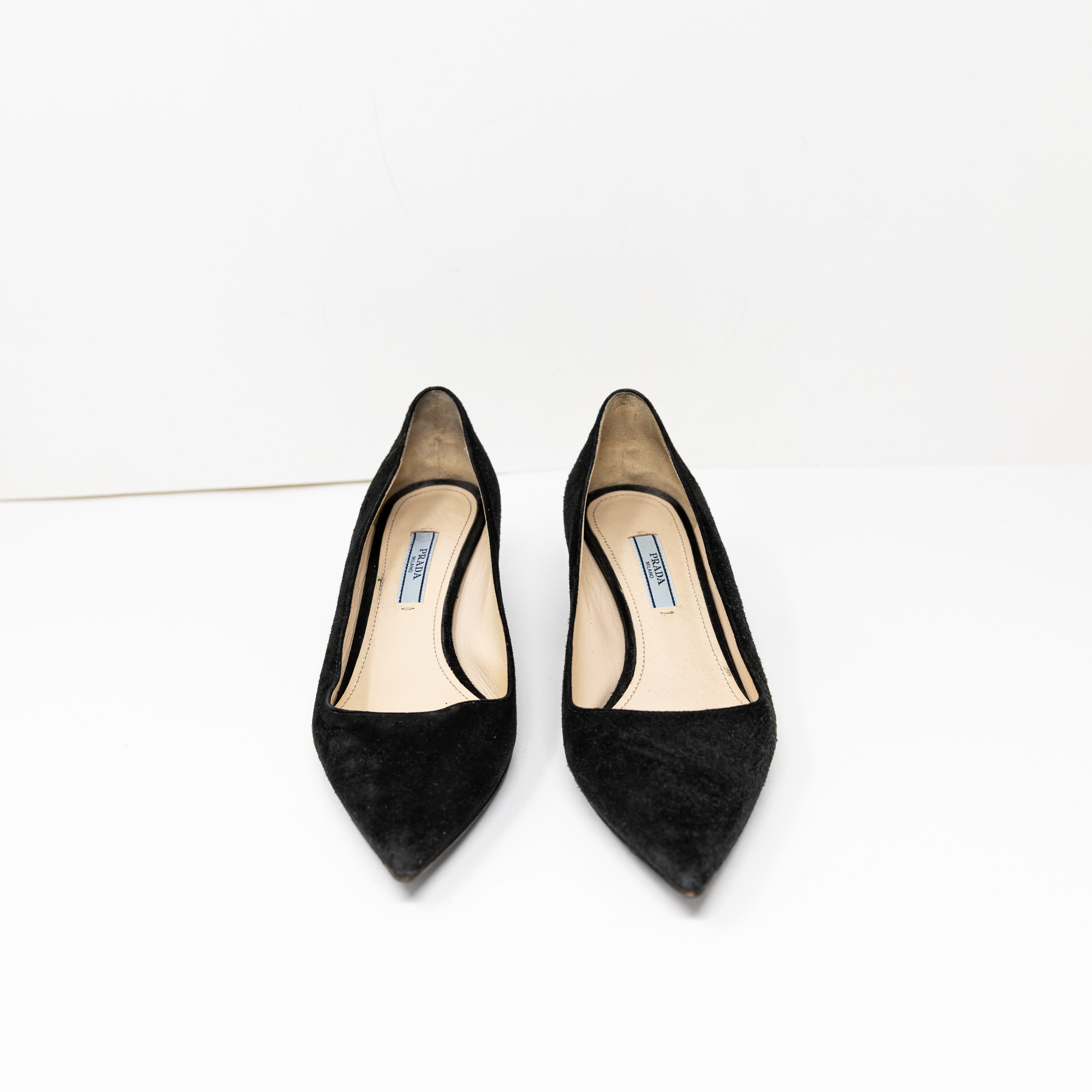 Prada Women's Made In Italy Genuine Suede Pointed Toe Kitten Heel Shoes Black 7