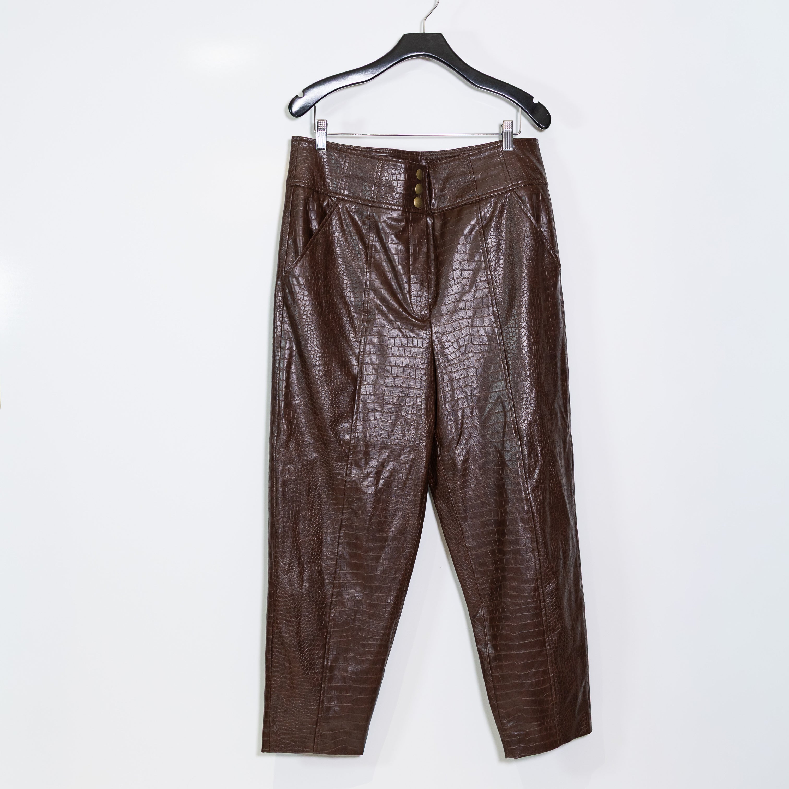 Veronica Beard Carabella Faux Vegan Leather Croc Embossed Trouser Pants Brown 14