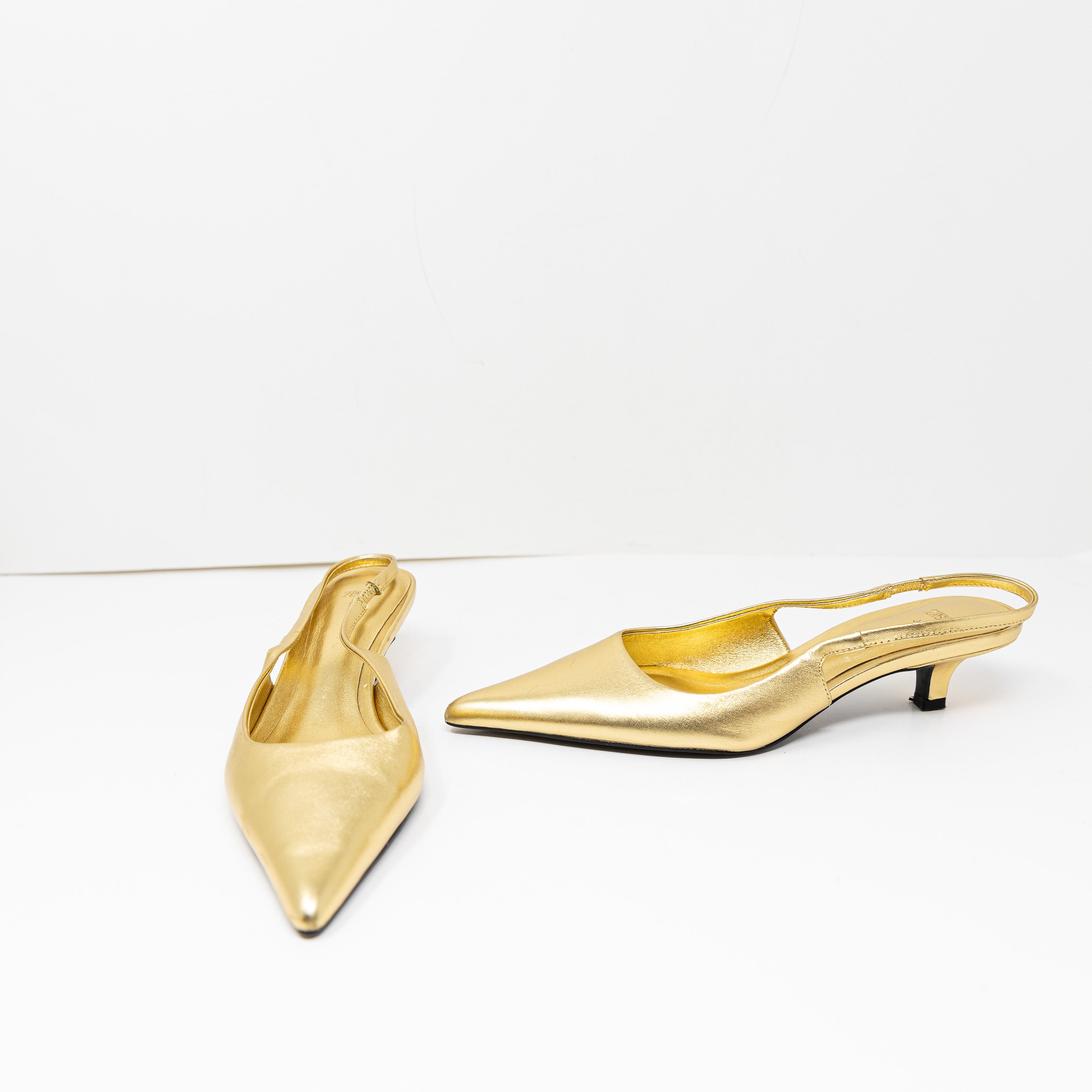 Zara Women's Genuine Leather Pointed Toe Slingback Kitten Heels Shoes Gold 6
