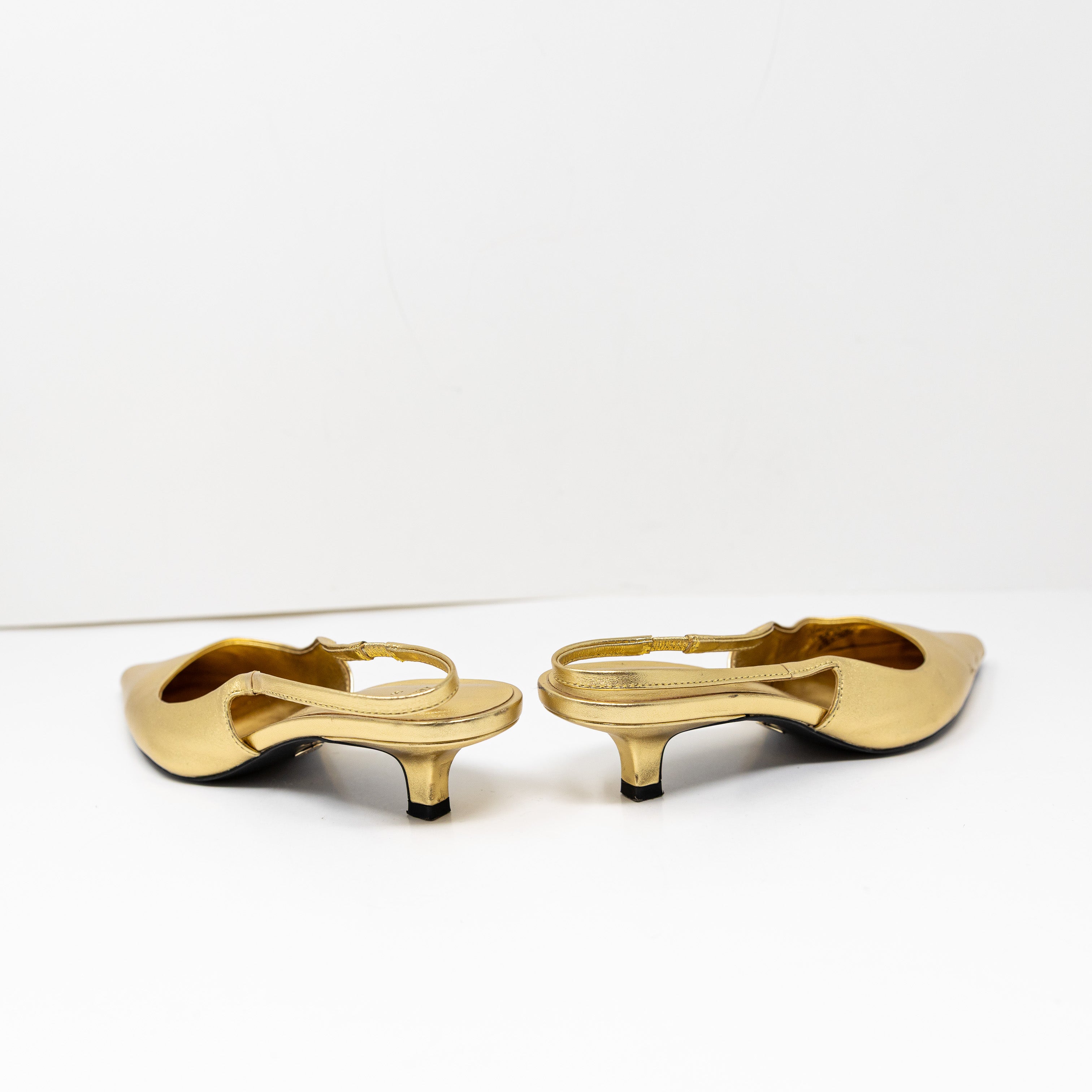 Zara Women's Genuine Leather Pointed Toe Slingback Kitten Heels Shoes Gold 6