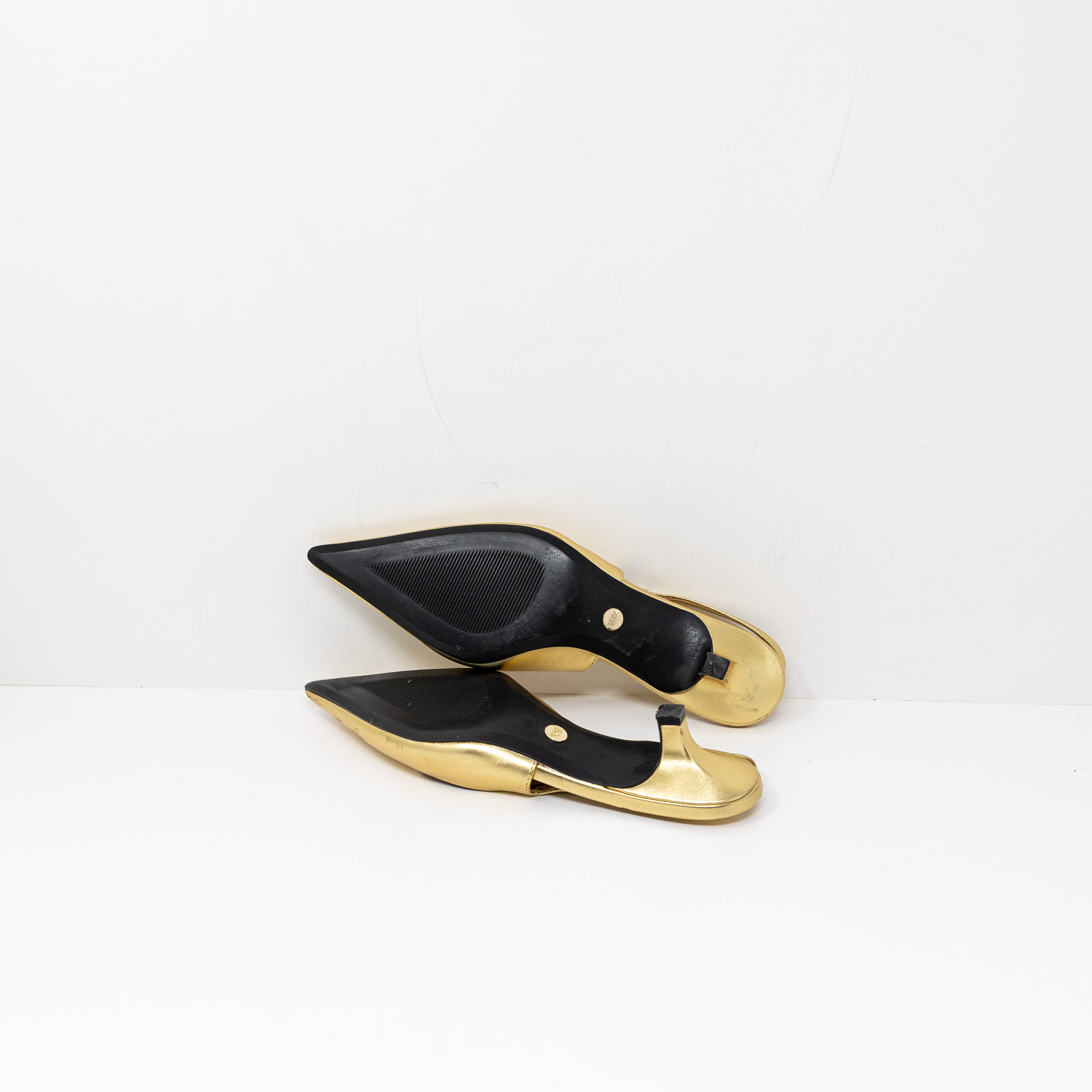 Zara Women's Genuine Leather Pointed Toe Slingback Kitten Heels Shoes Gold 6