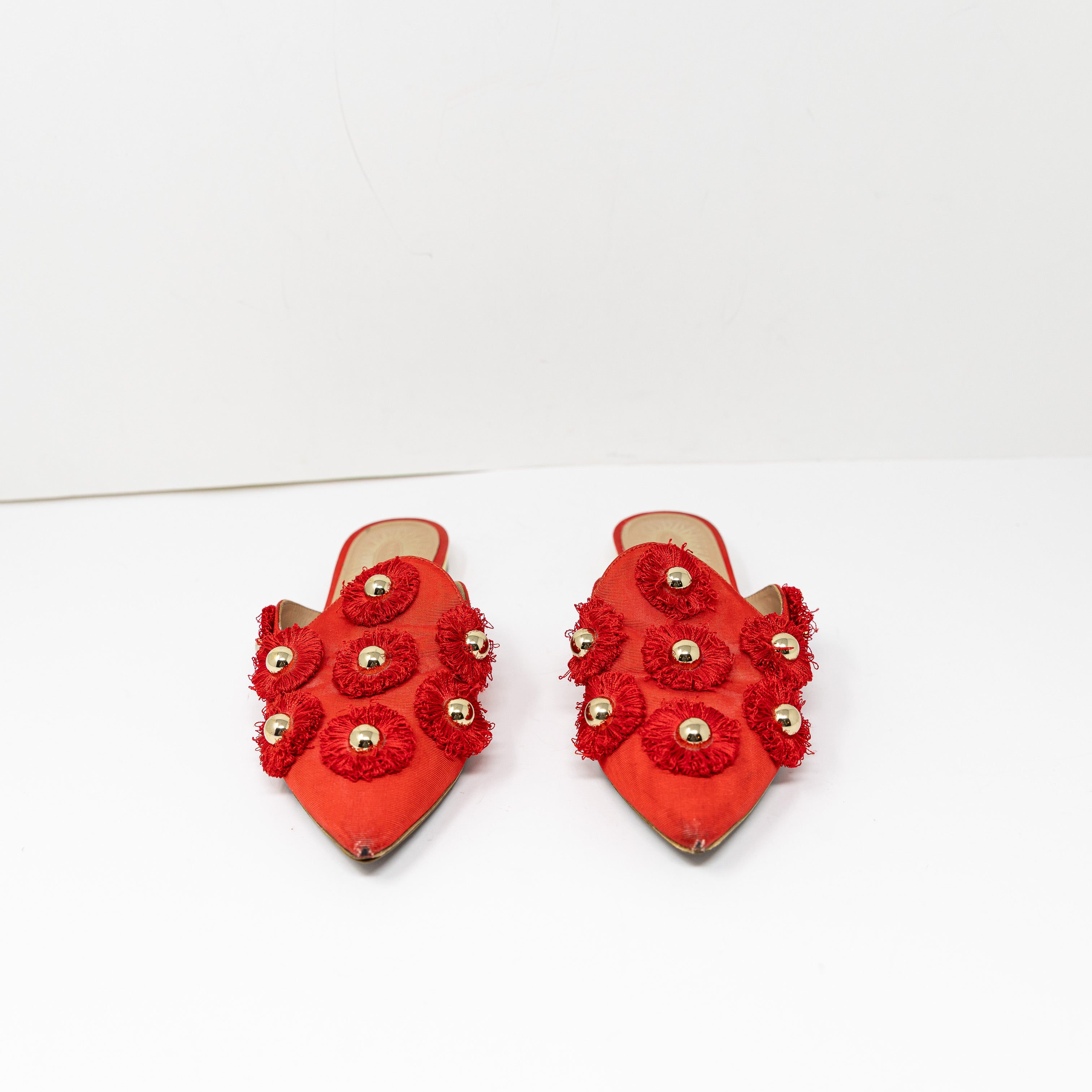 Aquazzura Sunflower Studded Embellished Fringe Pointed Toe Slip On Mules Flats 5