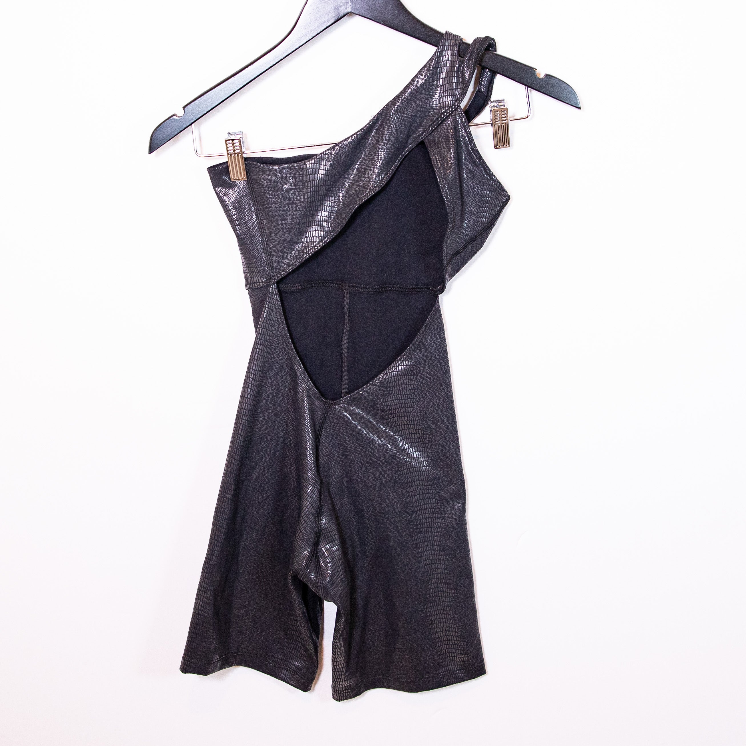 Solely Fit Metallic Croc Pattern Embossed One Shoulder Romper One Piece Black XS