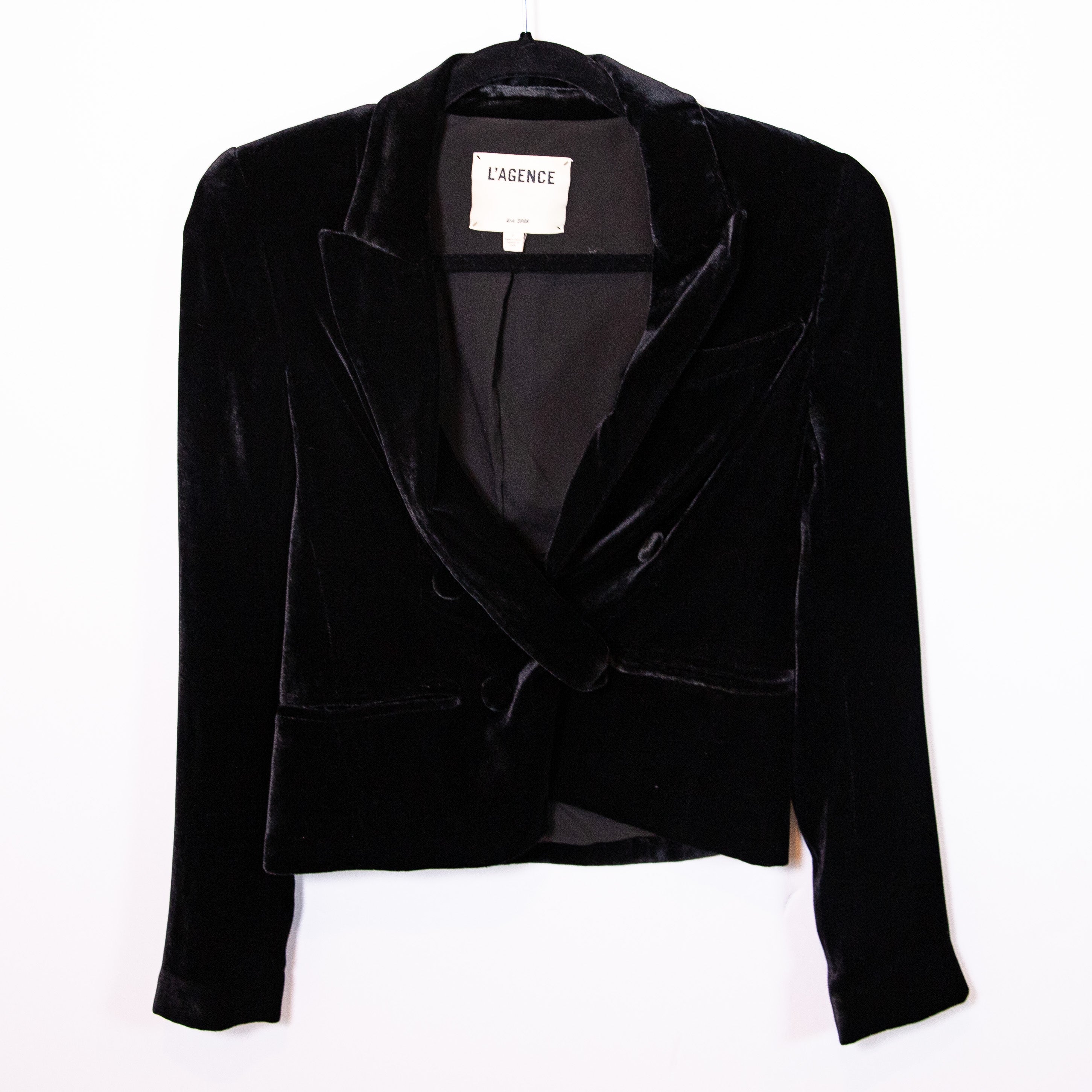 L'Agence Rory Crop Silk Blend Velvet Velour Collared Blazer Jacket Black 0