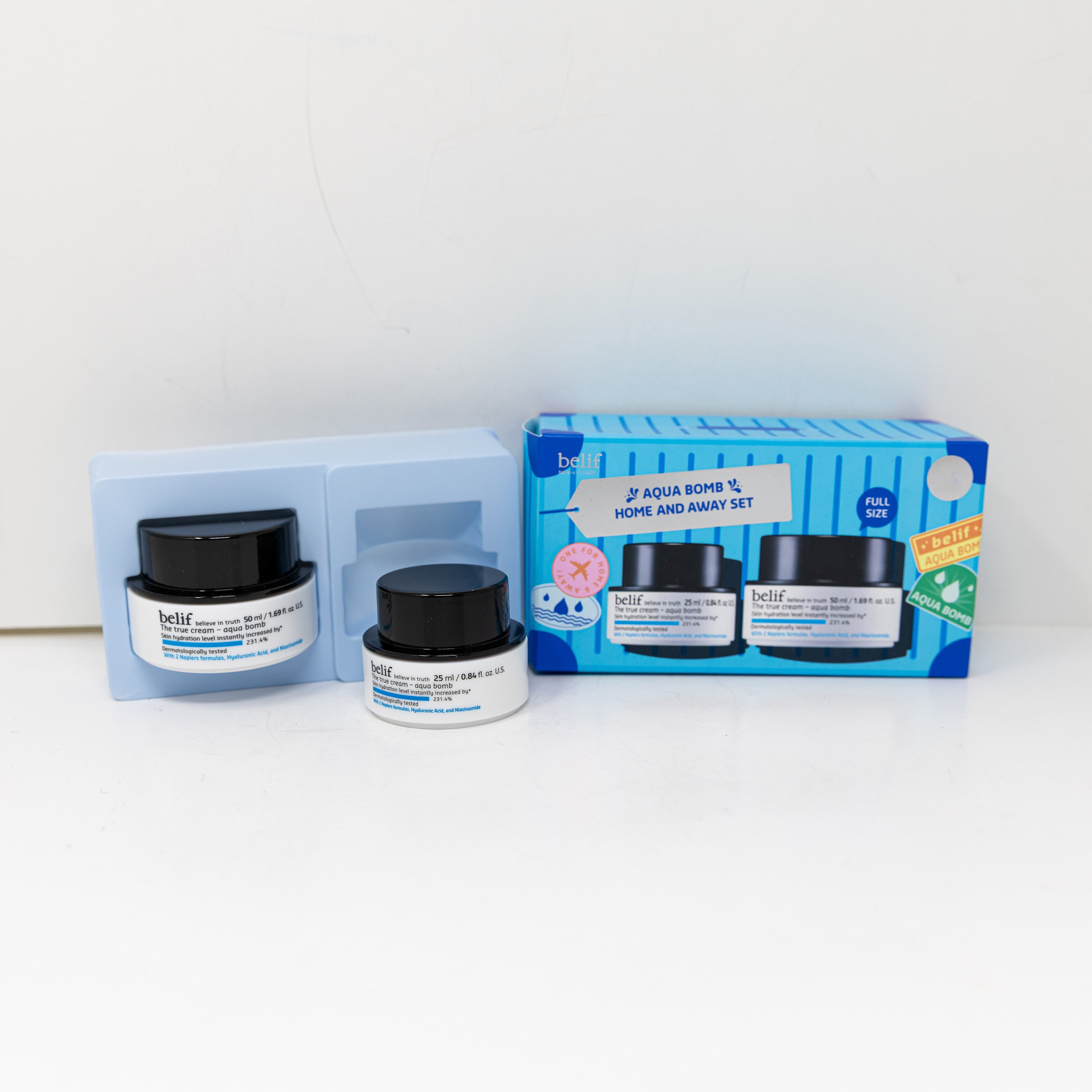 NEW Belif Aqua Bomb Home And Away Full Size Travel Lotion Gift Set 25 ml / 50 ml