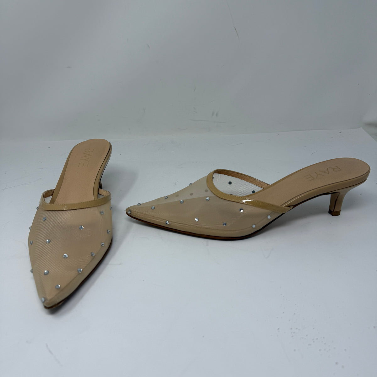 Raye Anastasia Crystal Jewel Rhinestone Sheer Mesh Embellished Mules Heels Beige