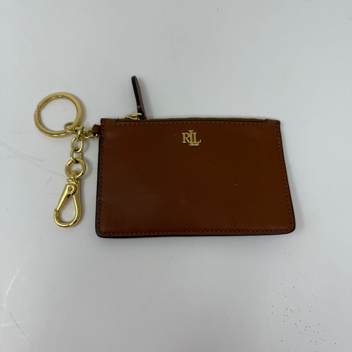 Ralph Lauren Genuine Leather Zip Card Case Wallet Key Chain Tan Brown Gold