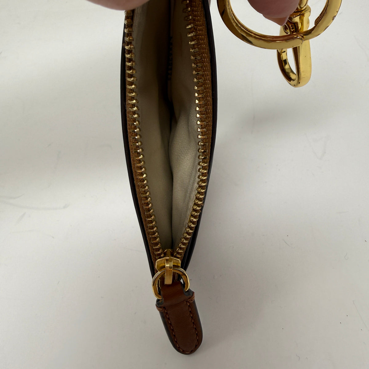 Ralph Lauren Genuine Leather Zip Card Case Wallet Key Chain Tan Brown Gold