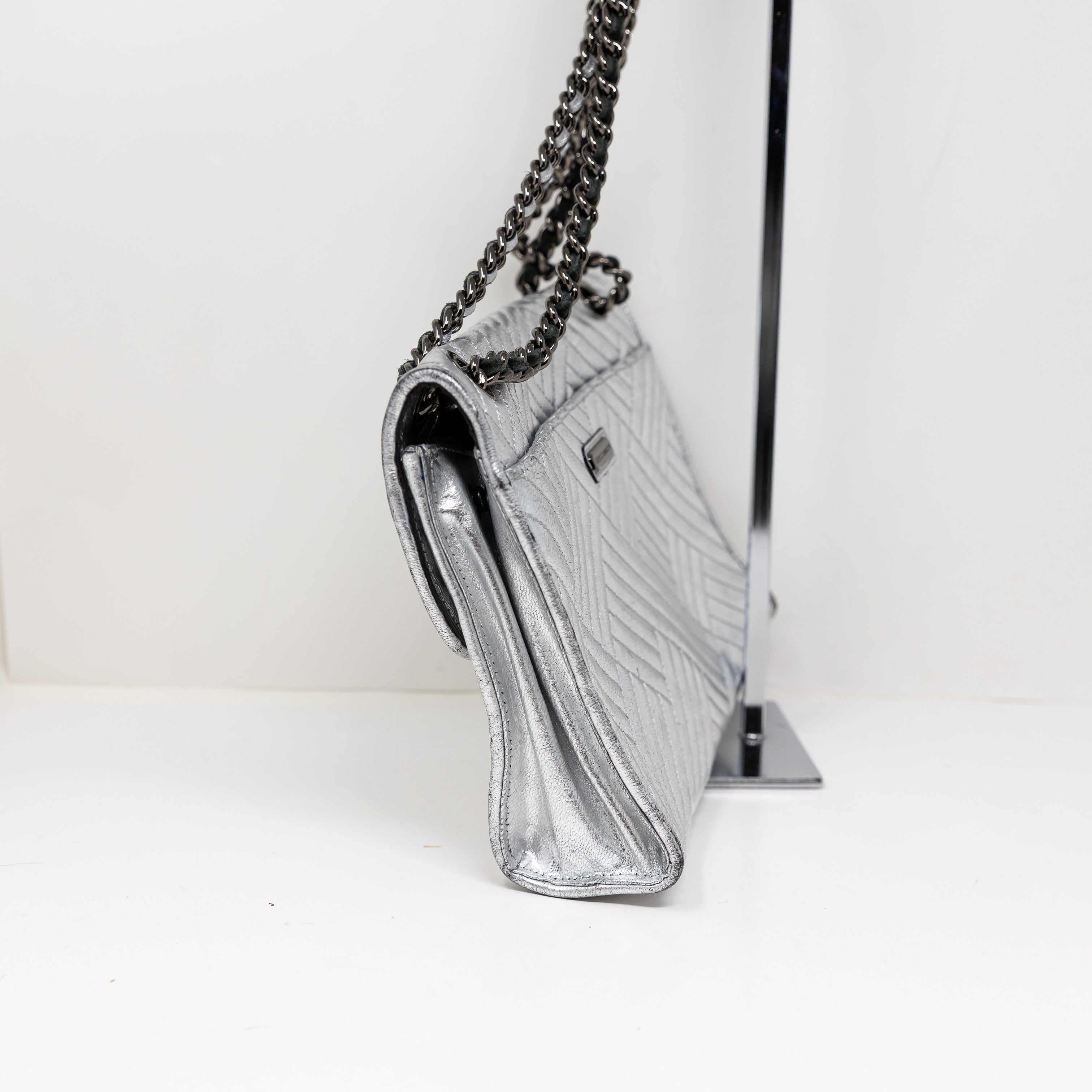 Rebecca Minkoff Affair Genuine Leather Quilted Hatch Shoulder Purse Bag Silver