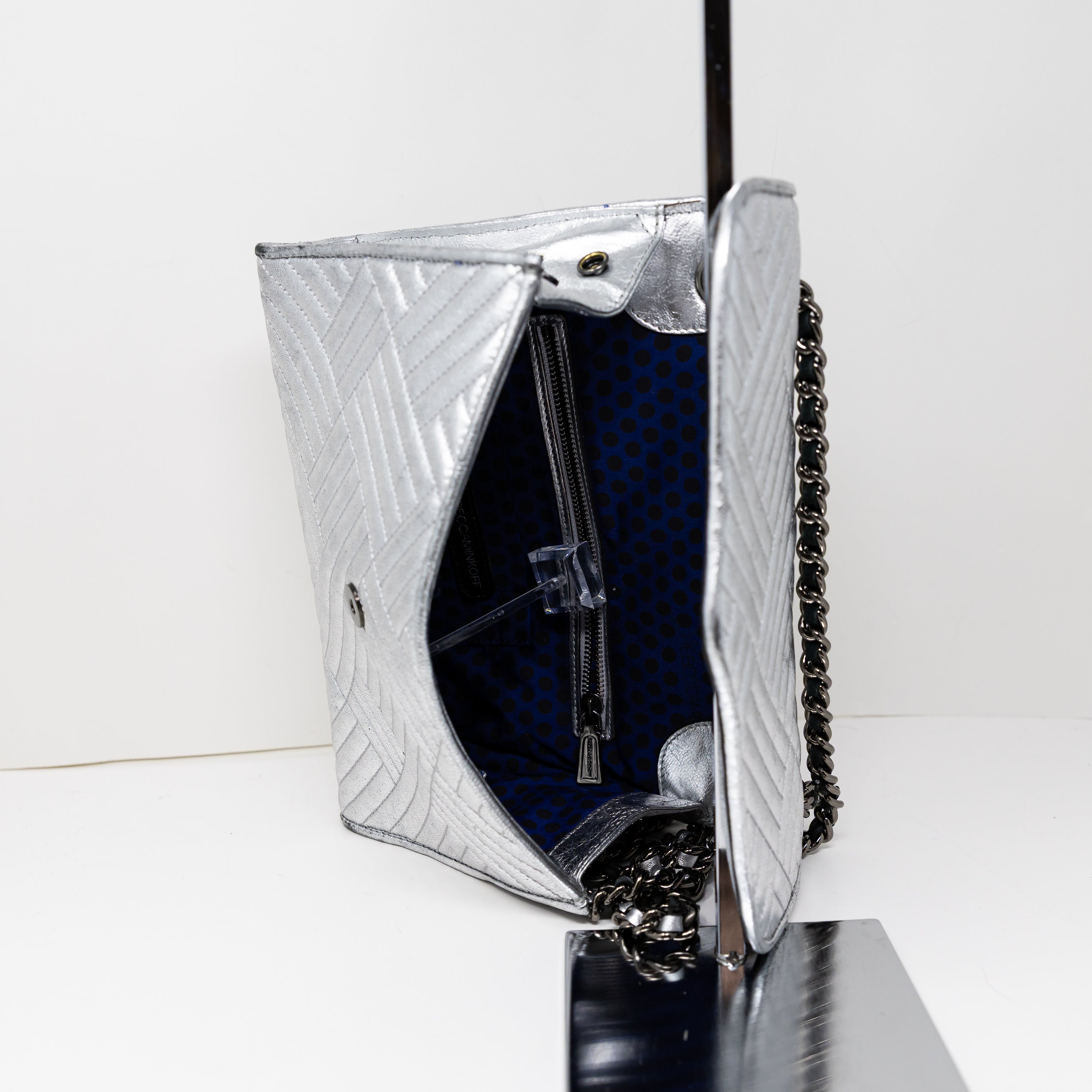 Rebecca Minkoff Affair Genuine Leather Quilted Hatch Shoulder Purse Bag Silver