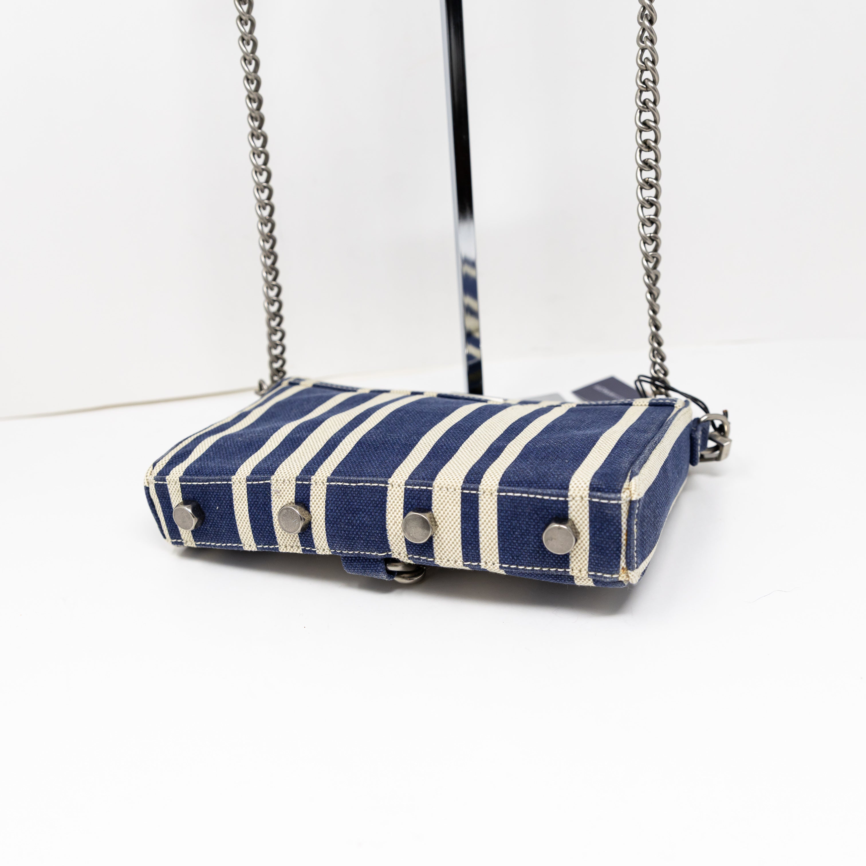 NEW Rebecca Minkoff Mini MAC Navy Blue White Stripe Print Canvas Crossbody Purse