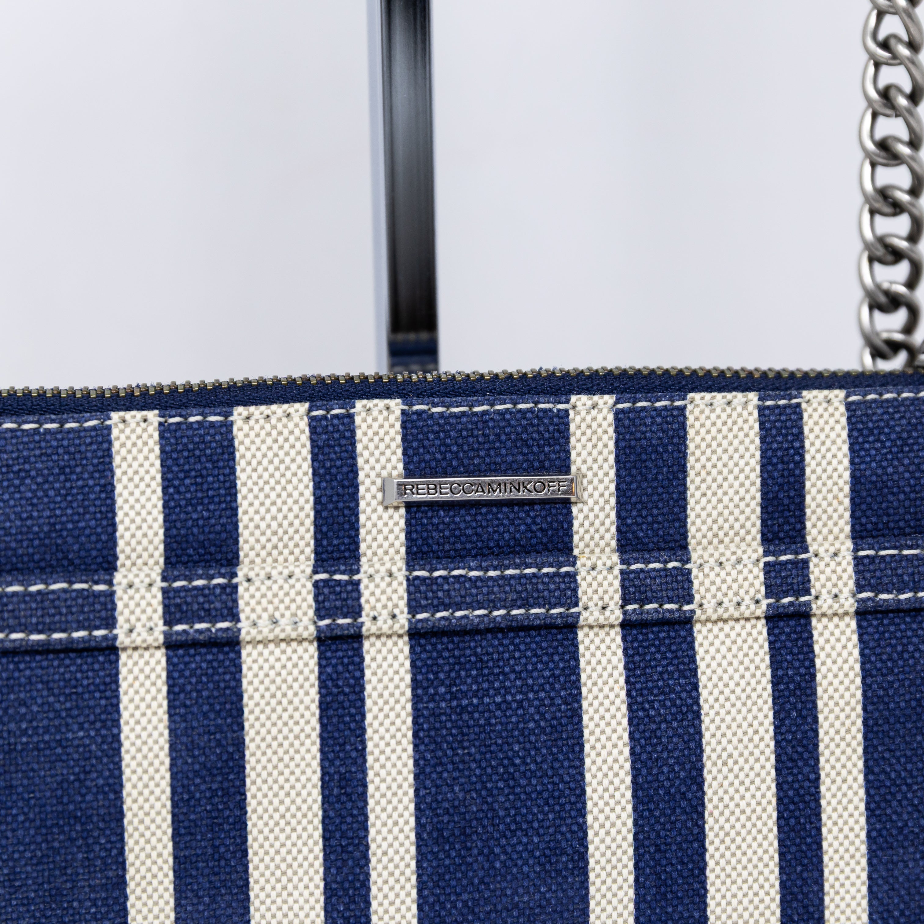 NEW Rebecca Minkoff Mini MAC Navy Blue White Stripe Print Canvas Crossbody Purse