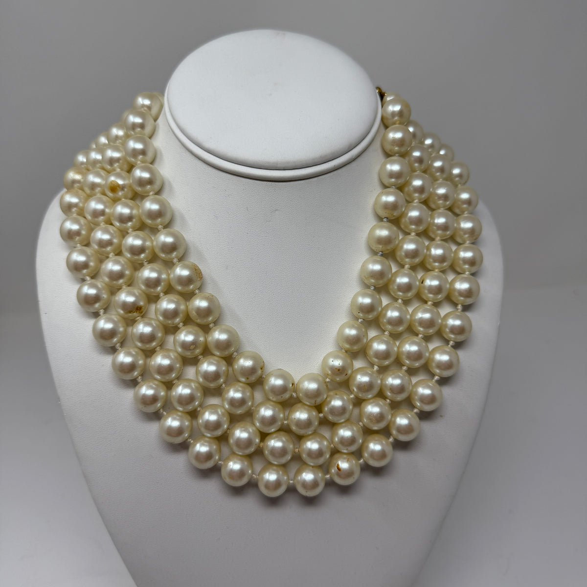 Carolee Faux Pearl Beaded Bead Three Strand Statement Necklace Gold Clasp