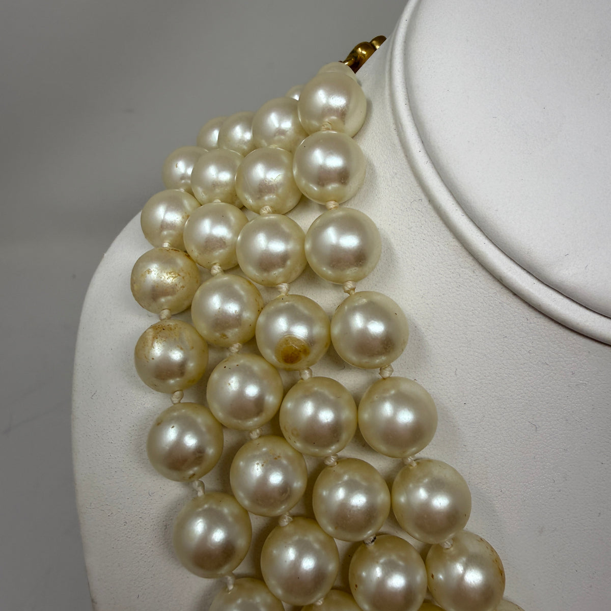 Carolee Faux Pearl Beaded Bead Three Strand Statement Necklace Gold Clasp