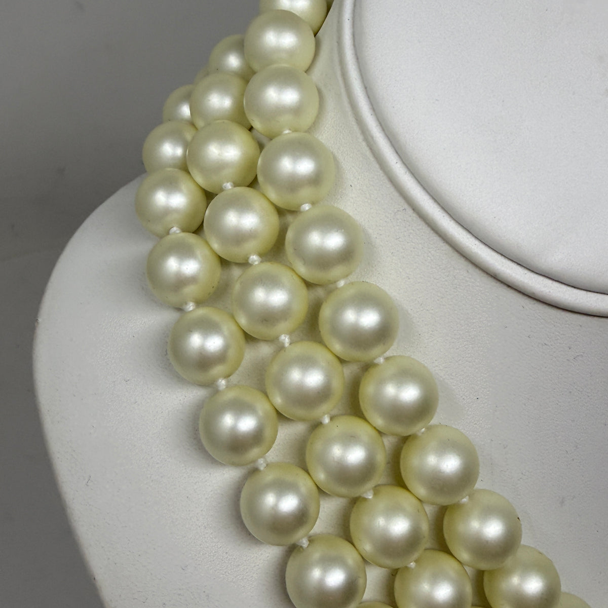 Kenneth Jay Lane 3 Row Glass Pearl Bead Necklace Pave Crystal Rhinestone Clasp