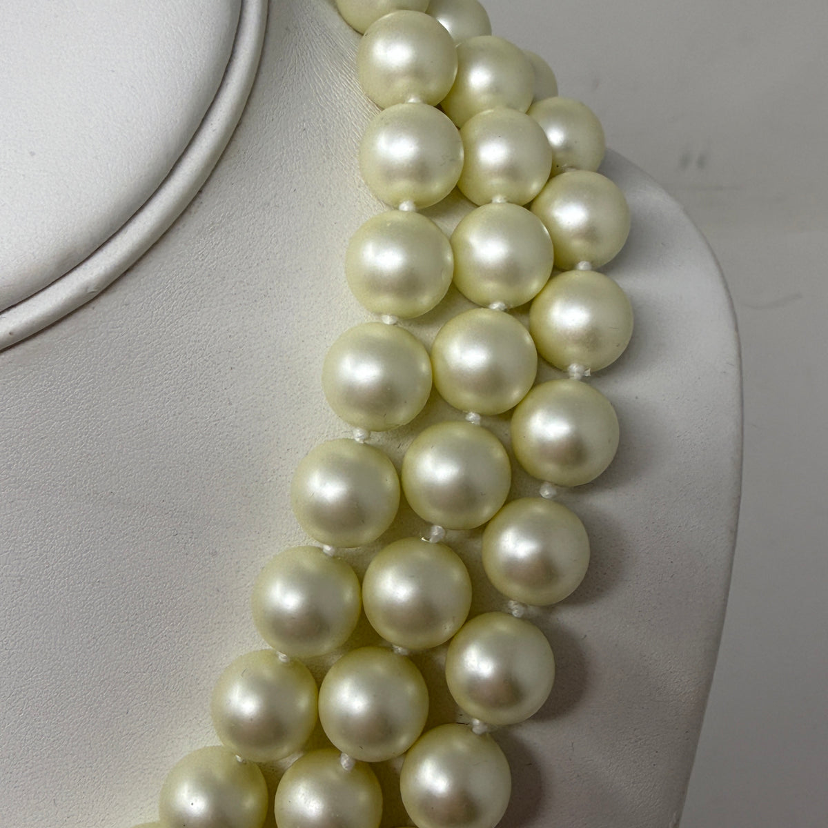 Kenneth Jay Lane 3 Row Glass Pearl Bead Necklace Pave Crystal Rhinestone Clasp