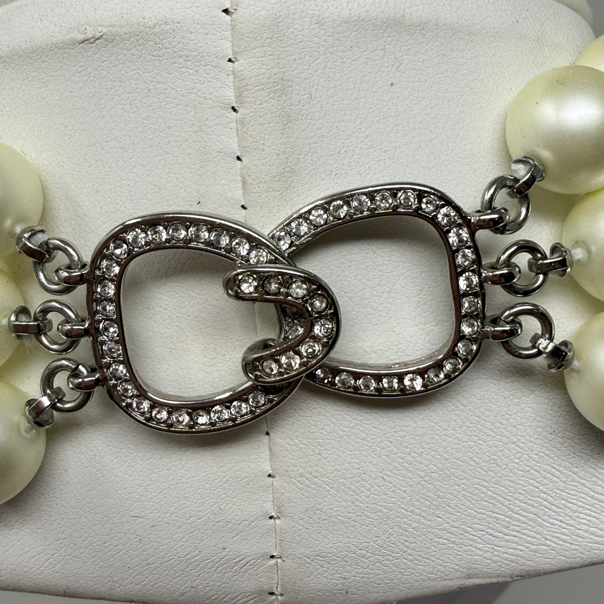 Kenneth Jay Lane 3 Row Glass Pearl Bead Necklace Pave Crystal Rhinestone Clasp