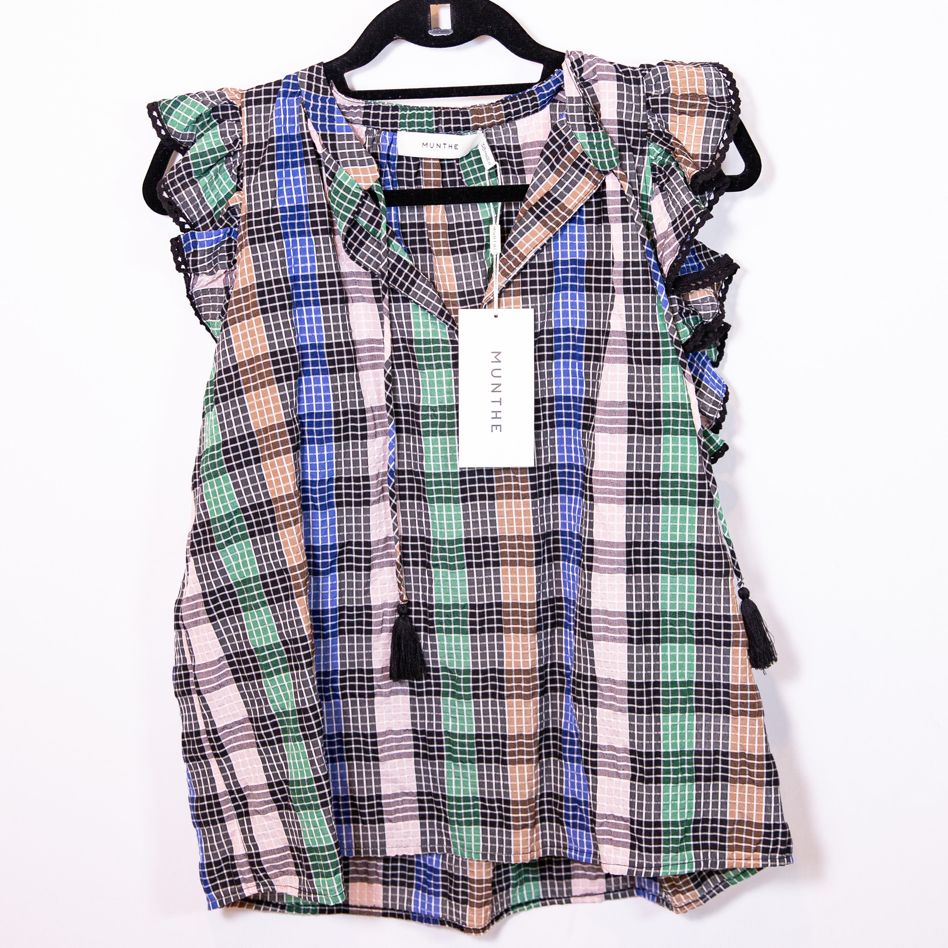 NEW Munthe Varrel Organic Cotton Multi Check Plaid Tassel Tie Blouse Shirt Top