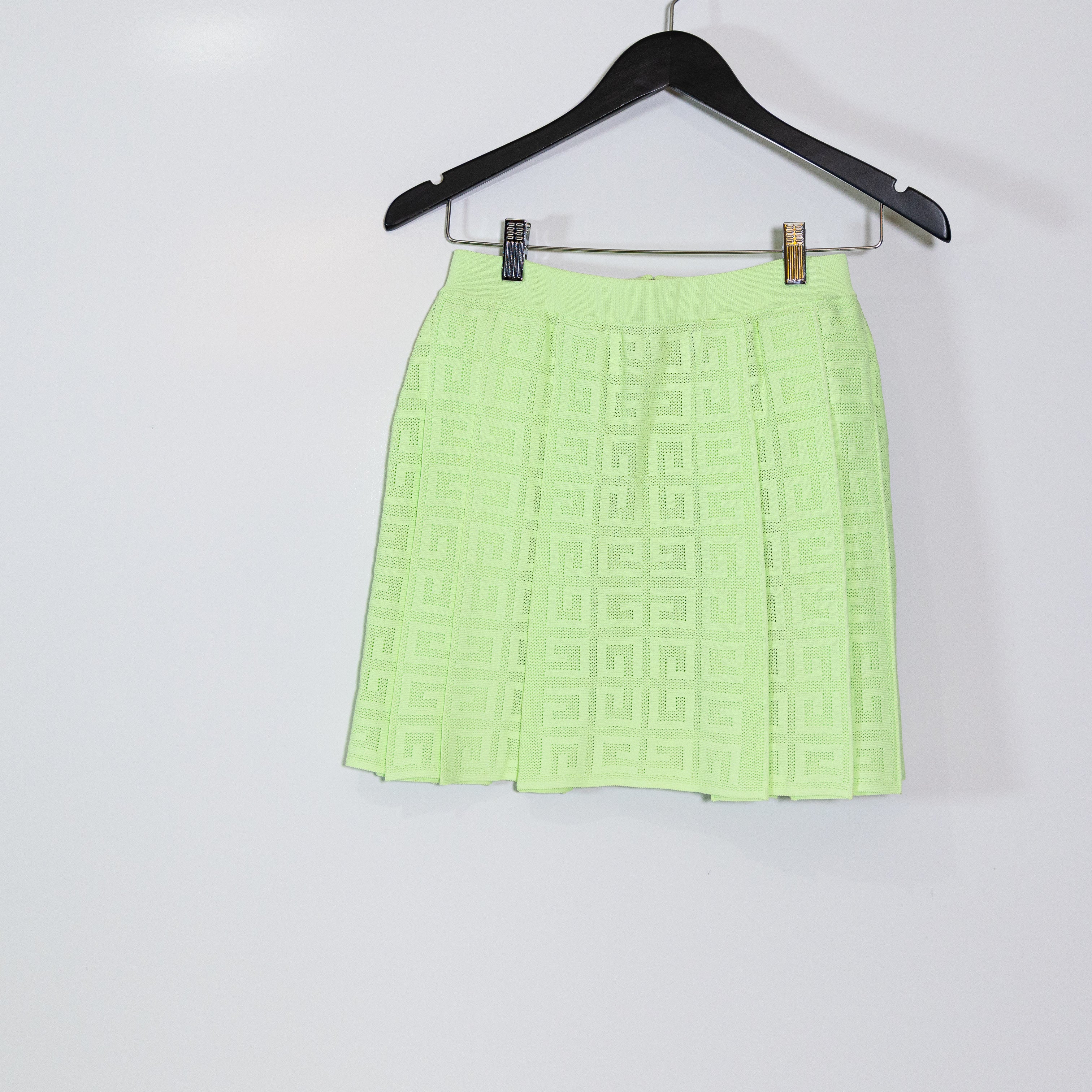 Givenchy 4G Logo Perforated Knit Pleated Mini School Tennis Skirt Neon Green XS