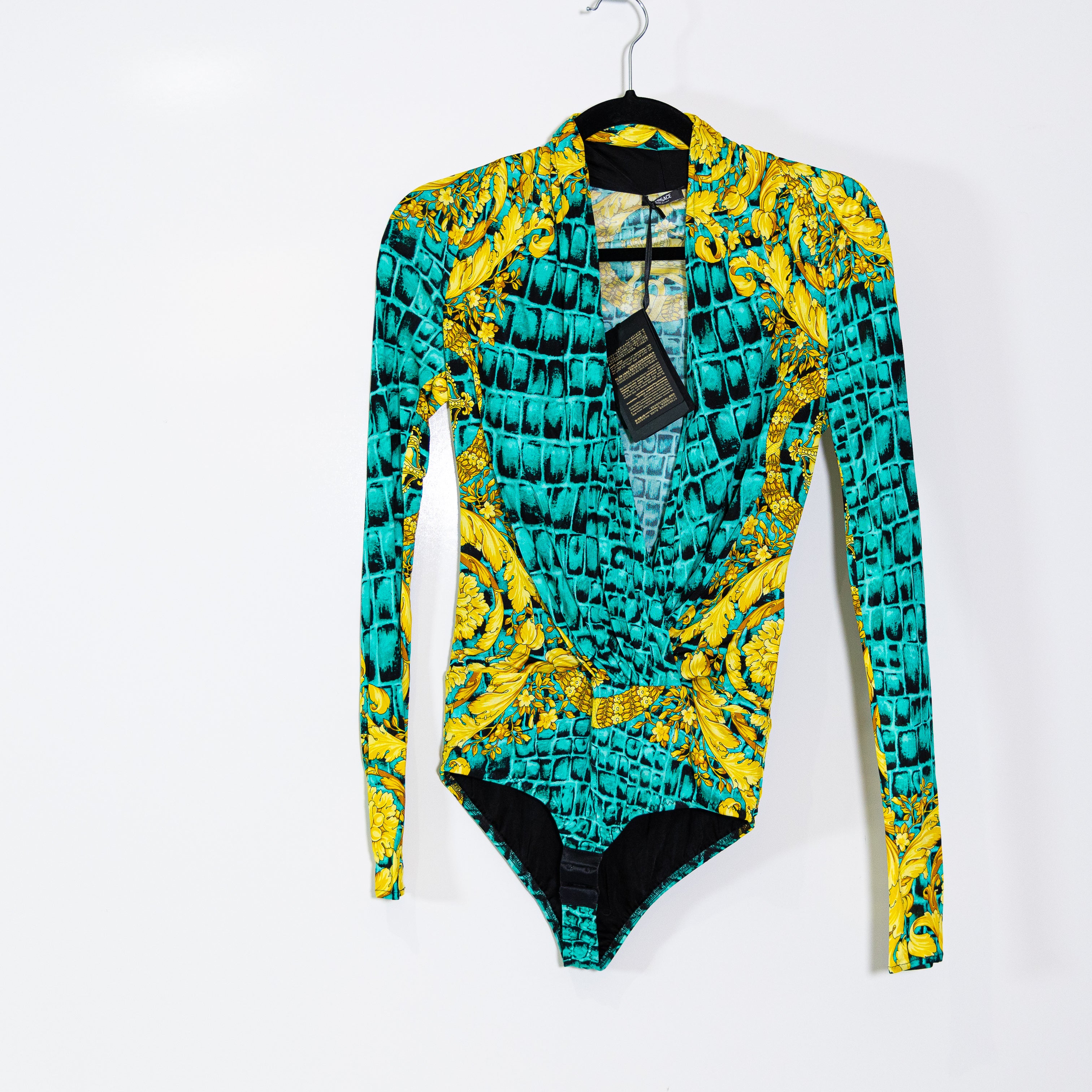 NEW Versace Draped Jersey Fabric Crossover Long Sleeve Bodysuit Barrocodile S