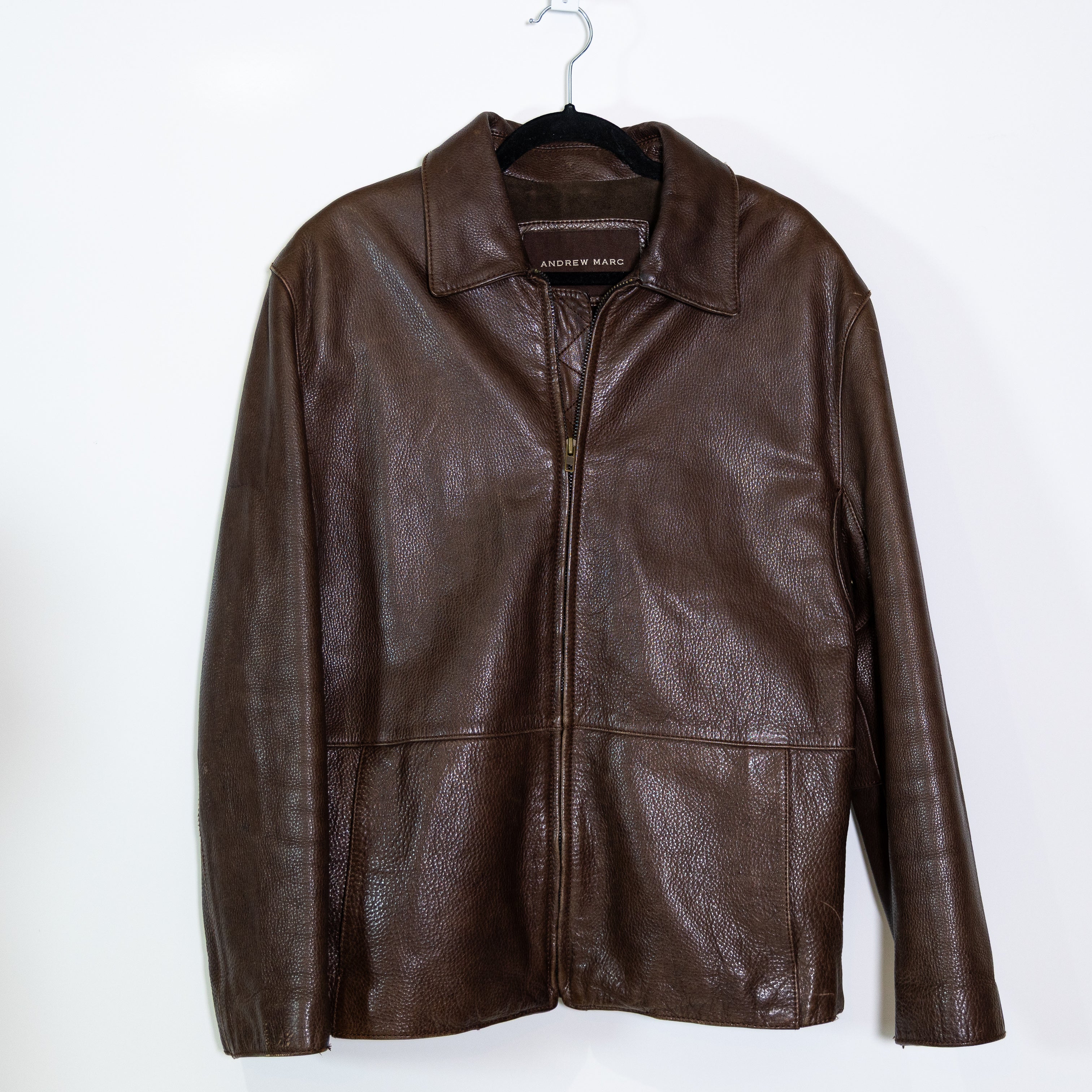 Andrew Marc Men's Genuine Leather Collared Full Zip Jacket Coat Brown Large