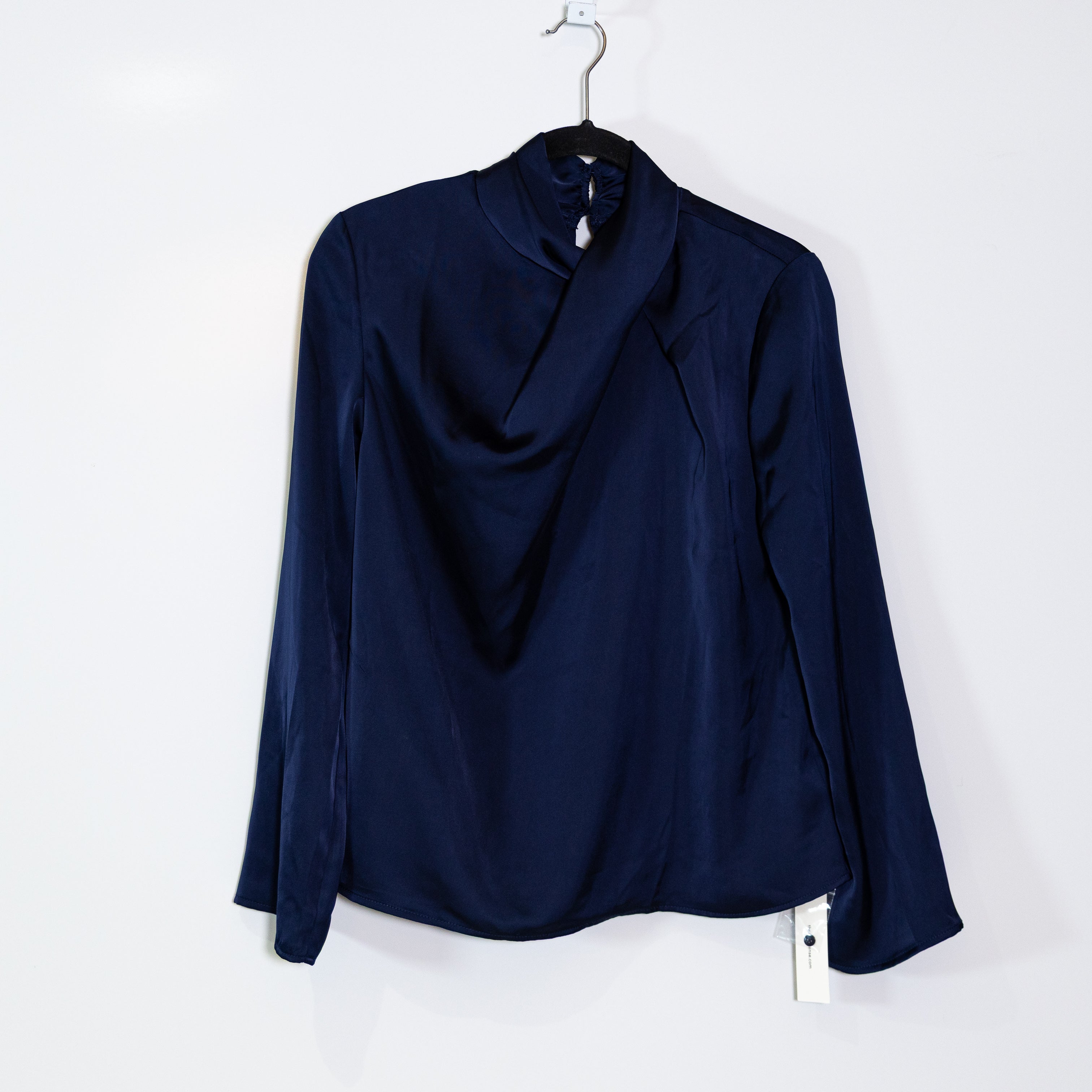NEW Commense Satin Draped Long Sleeve Mock Neck Blouse Navy Blue XS