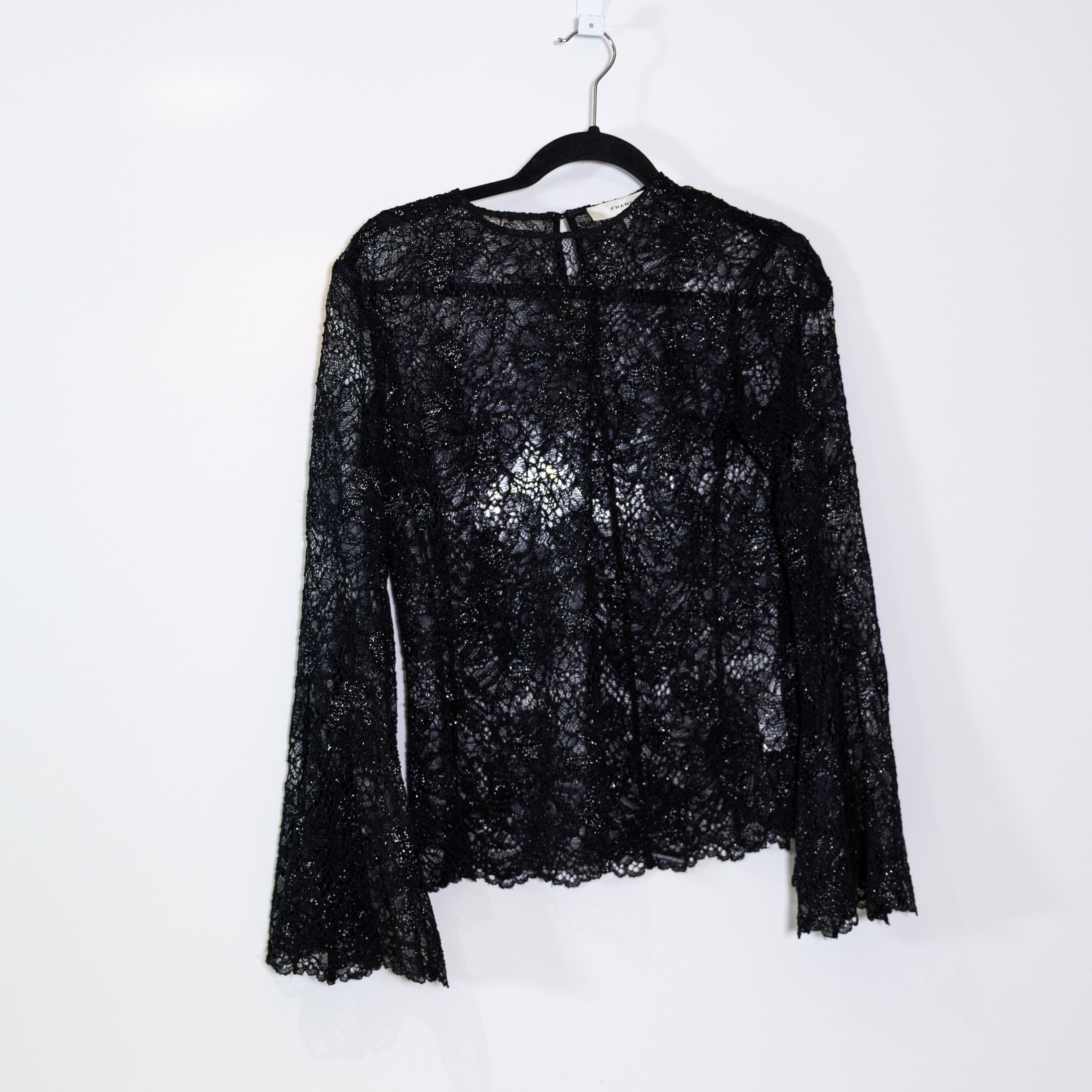 Frame Flutter Long Sleeve Crochet Knit Allover Sheer Lace Blouse Black Metallic