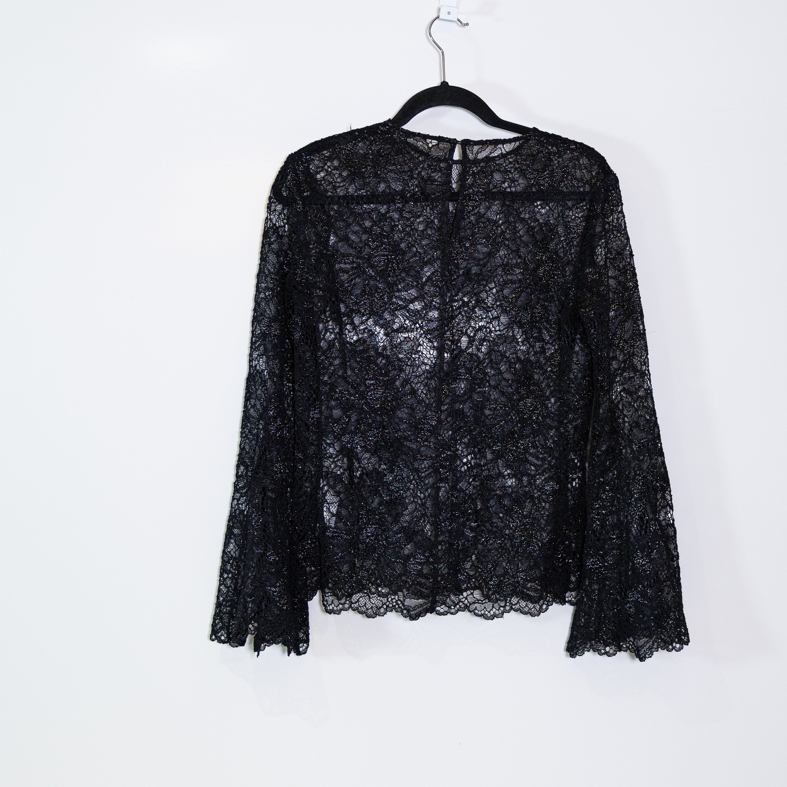 Frame Flutter Long Sleeve Crochet Knit Allover Sheer Lace Blouse Black Metallic