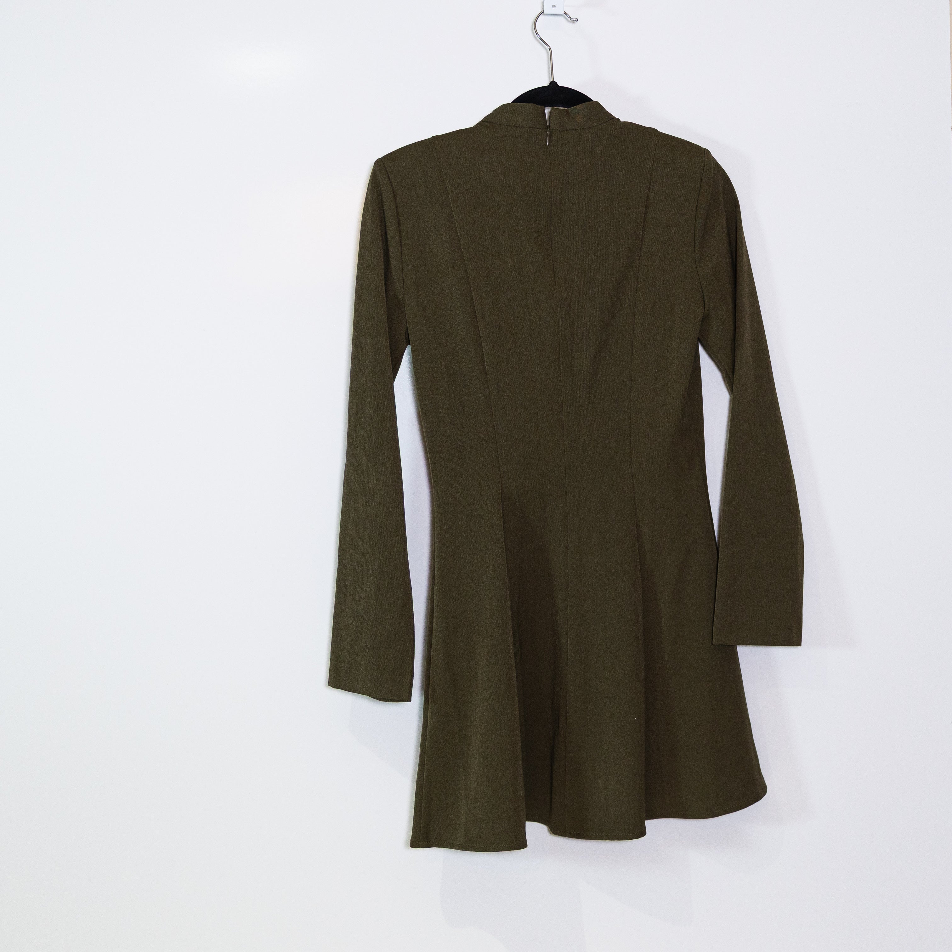 Zara Stretch Knit Pleated Mock Neck Button Detail Long Sleeve Swing Dress Green