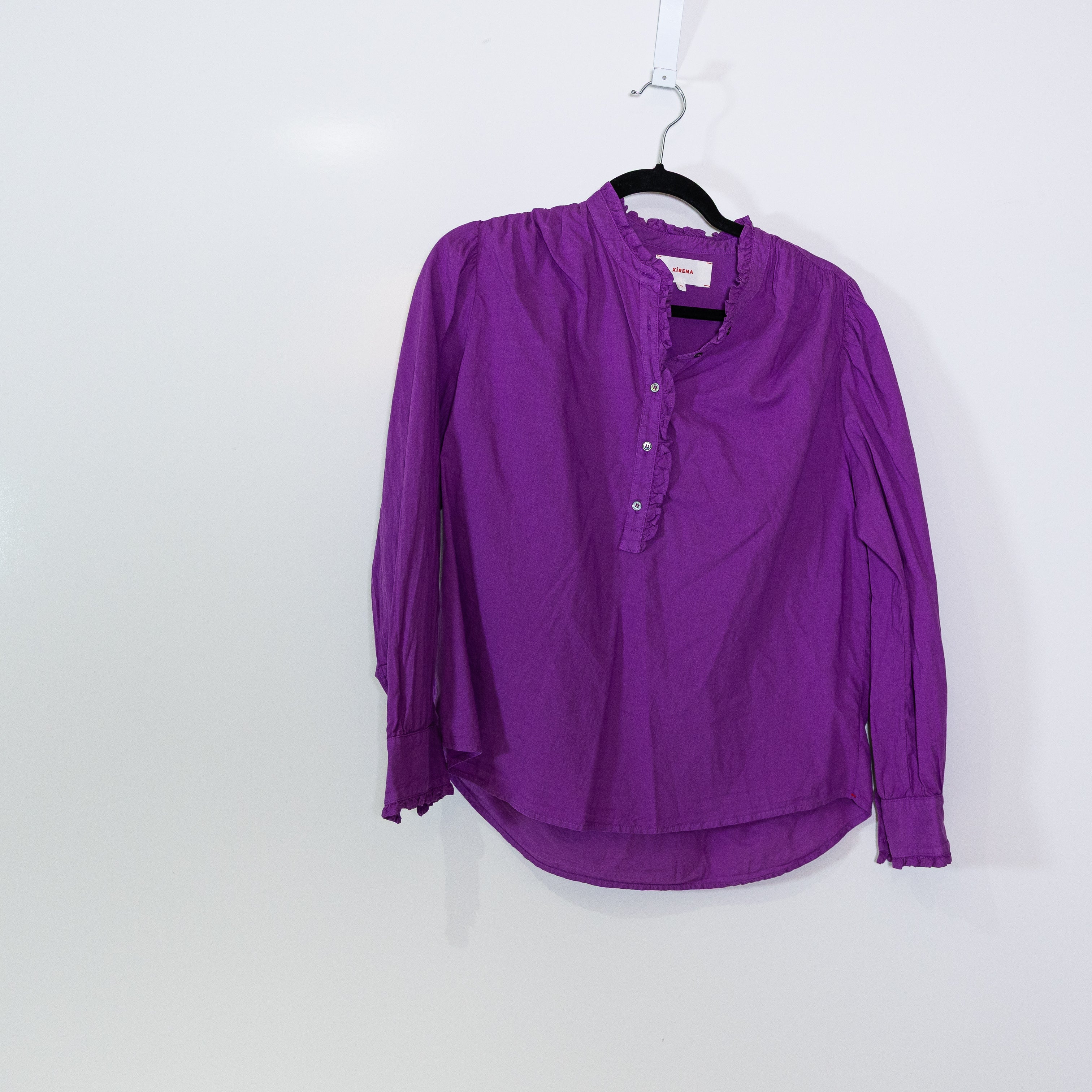 Xirena Emilia Cotton Poplin Ruffle Detail Quarter Button Blouse Shirt Top Purple