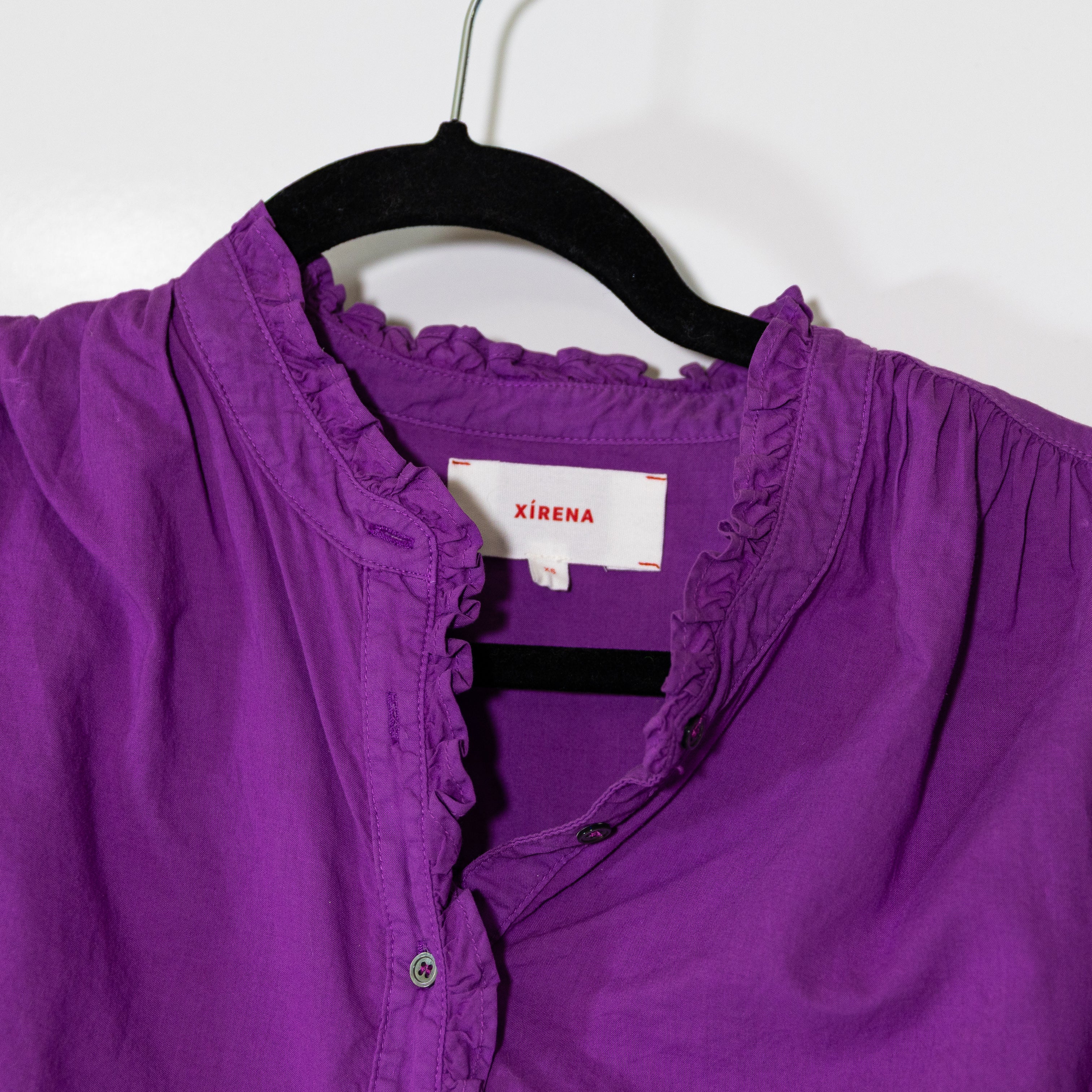 Xirena Emilia Cotton Poplin Ruffle Detail Quarter Button Blouse Shirt Top Purple