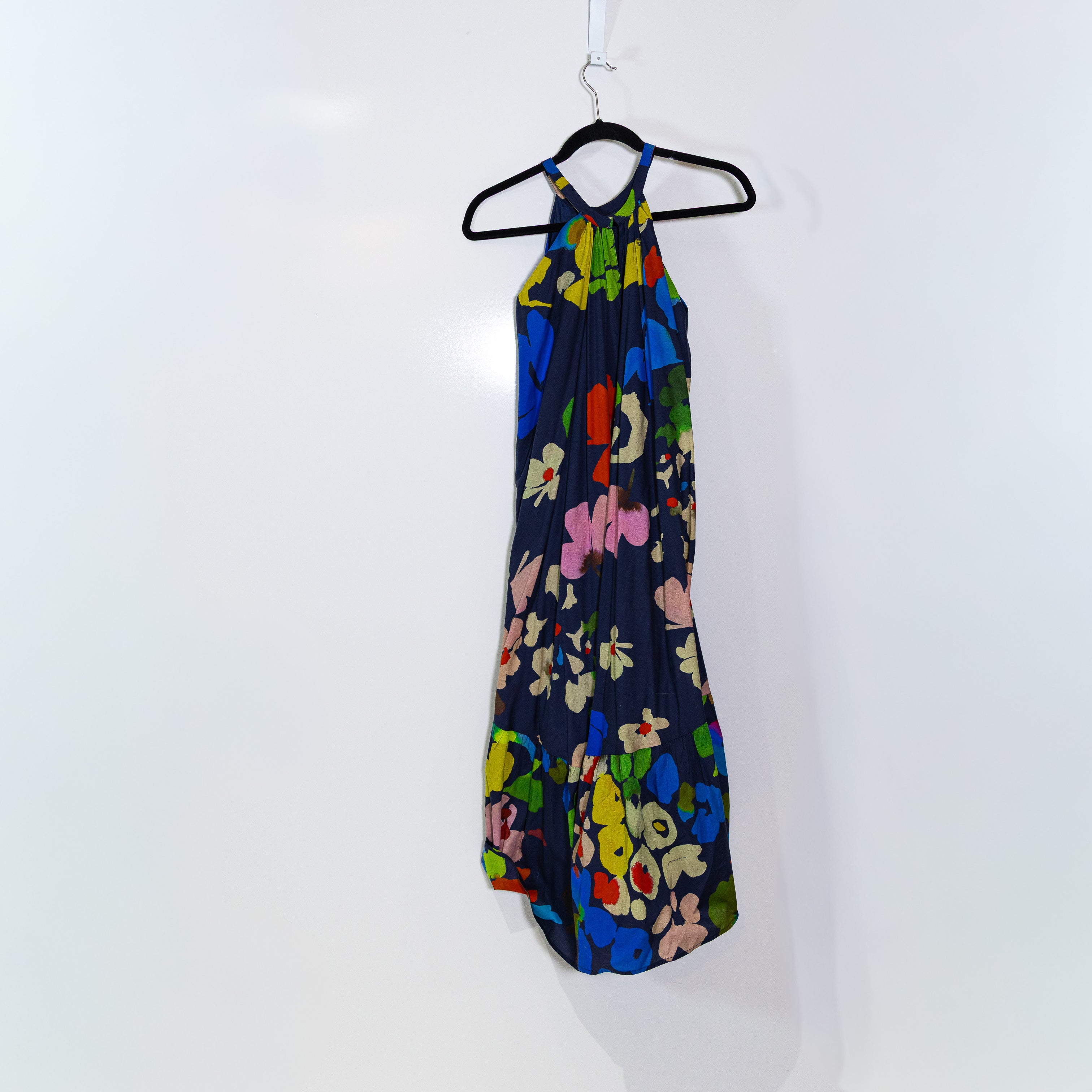 Whit Two Floral Flower Abstract Print Pattern Cotton Halter Midi Pullover Dress