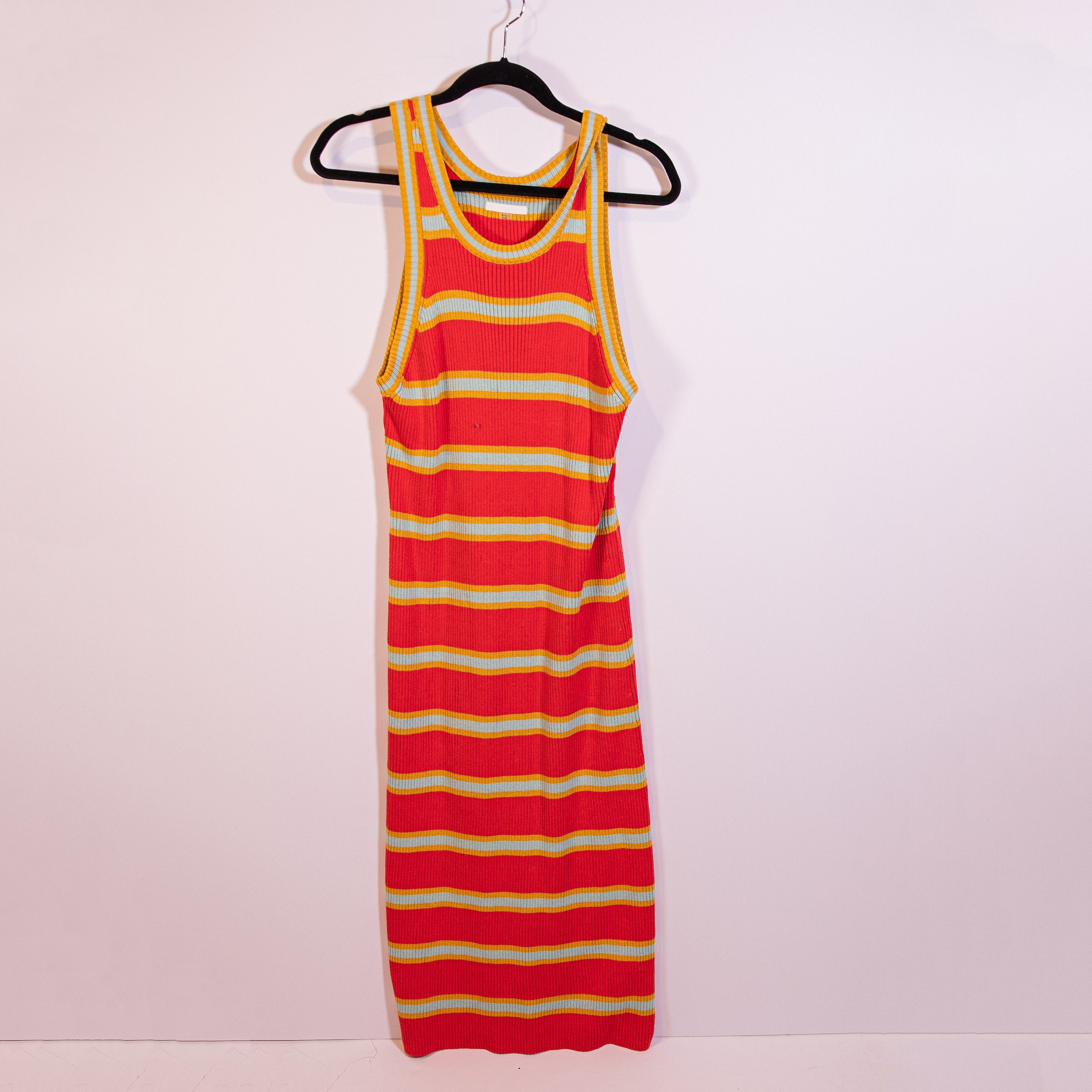 Mother The Chin Ups Crew Neck Cotton Blend Ribbed Knit Stretch Midi Dress Red XL