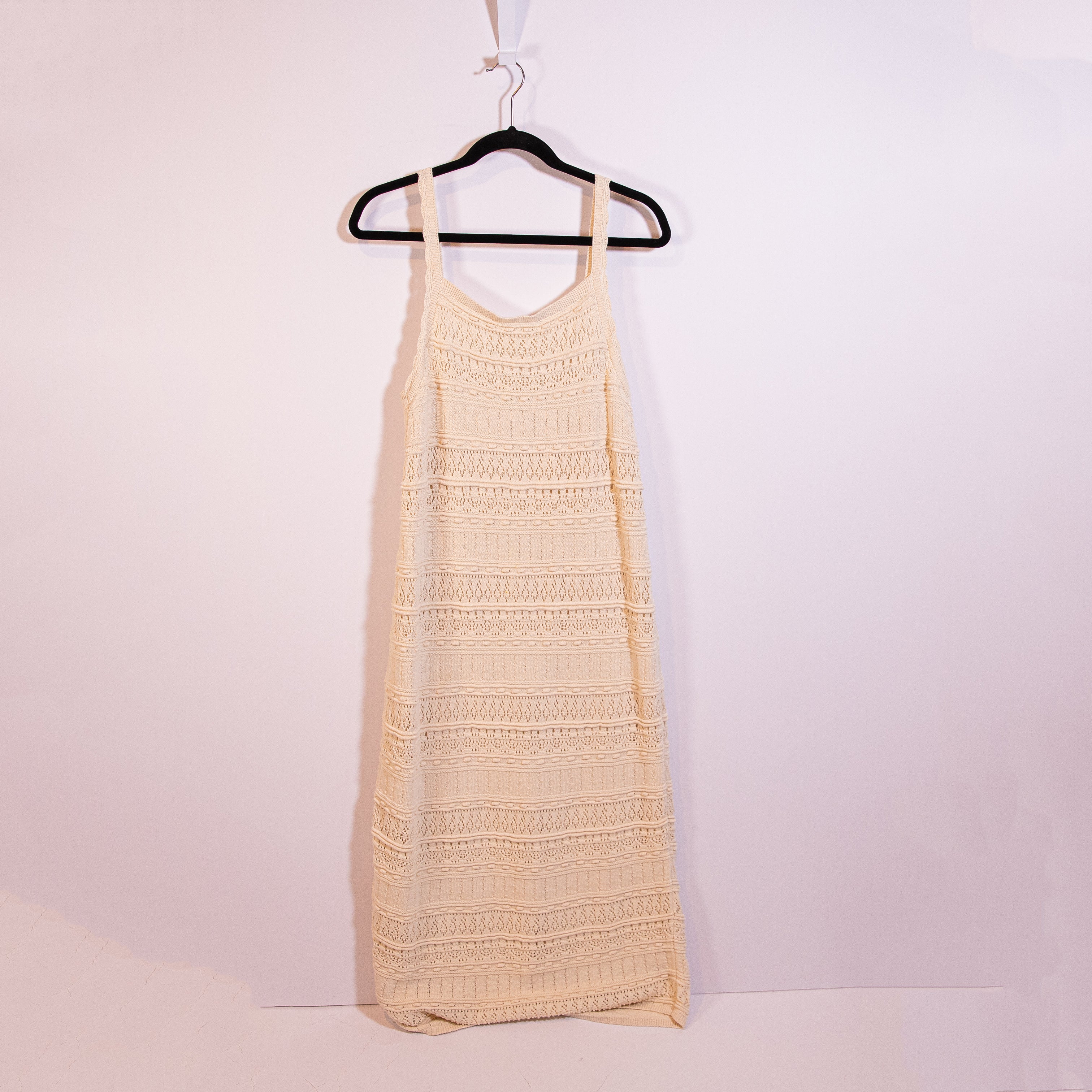 Sezane Leyla Organic Cotton Crochet Knit Sleeveless Tank Midi Dress Ivory XL