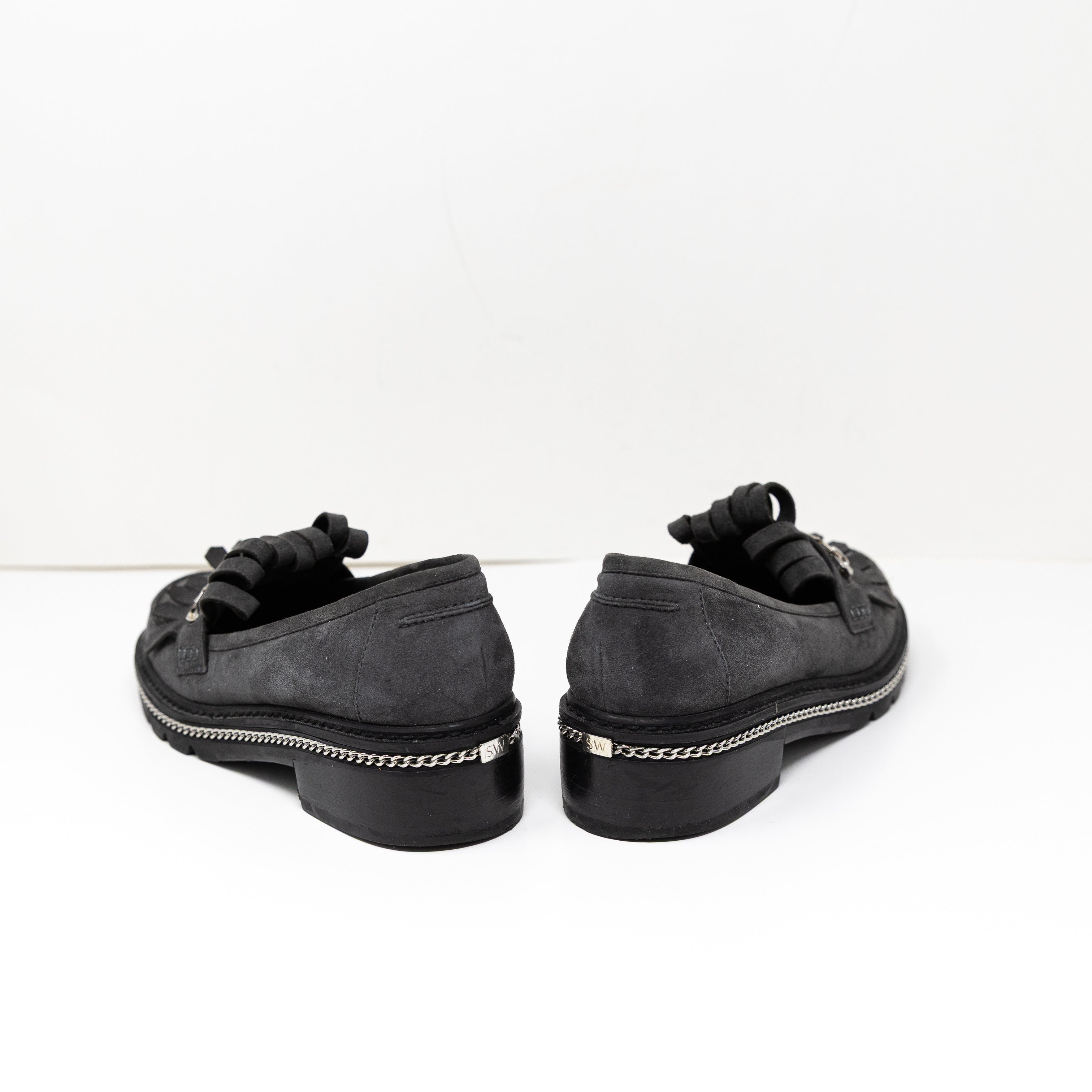 NEW Stuart Weitzman Genuine Suede Leather Chain Link Detail Loafers Shoes Gray