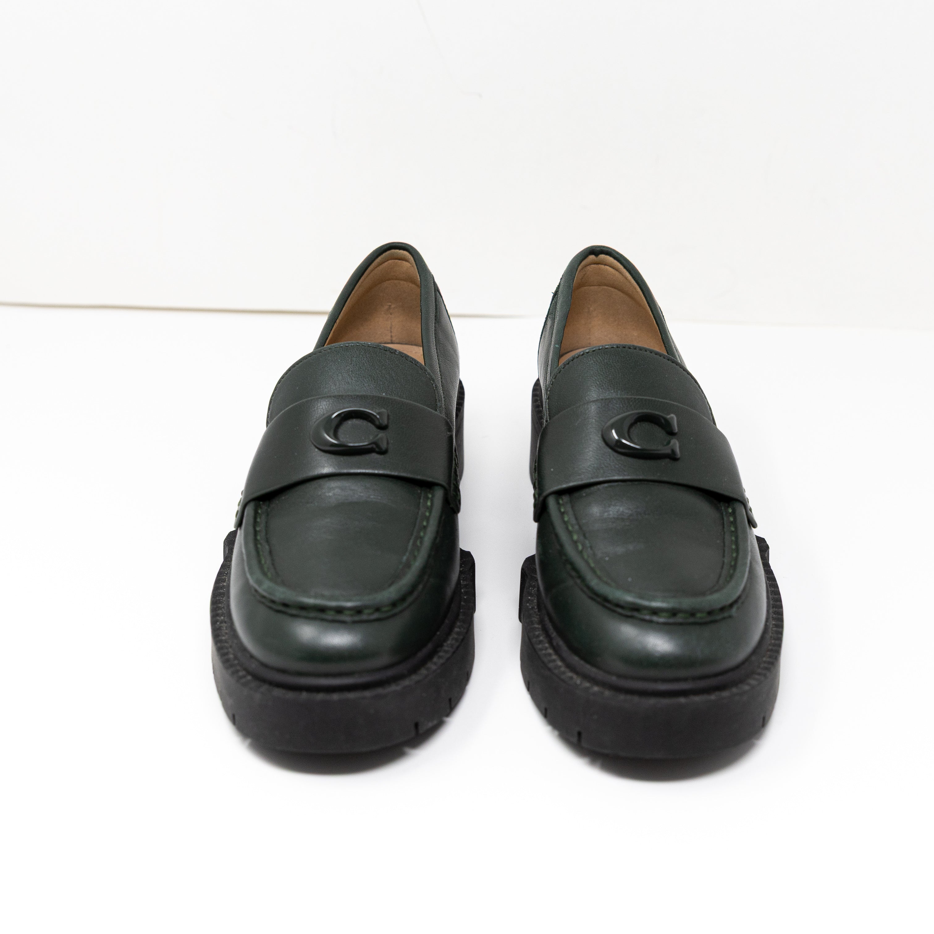 NEW Coach Leah Genuine Leather Lug Sole Slip On Loafers Flats Shoes Green 5.5