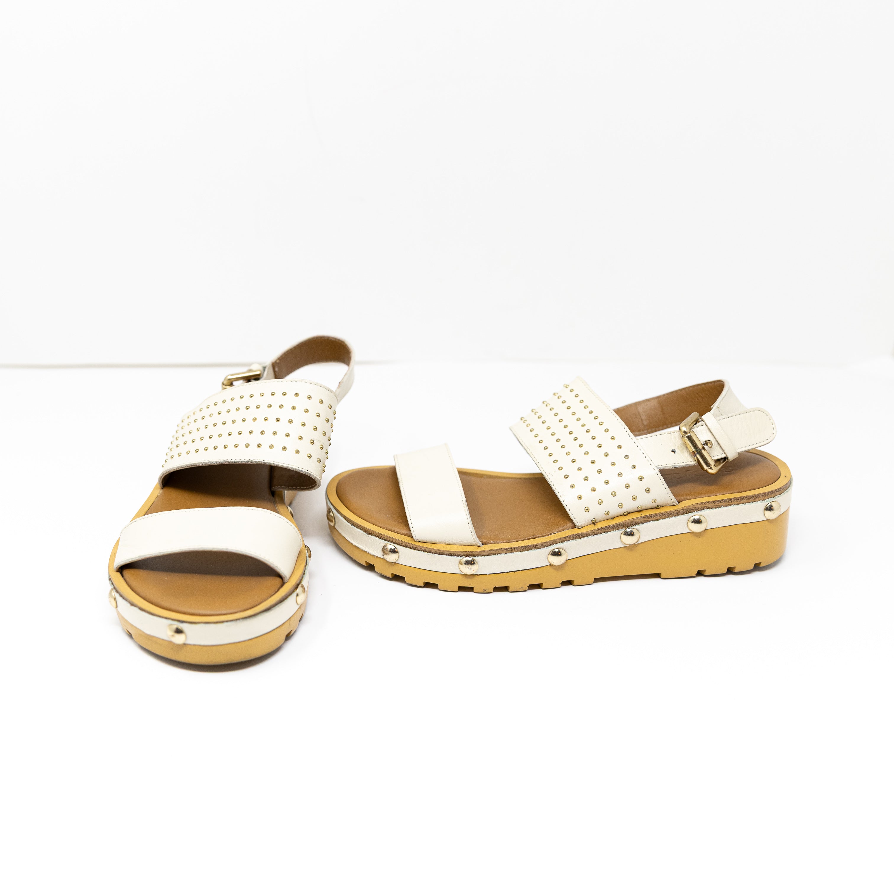 See By Chloe Martie Slingback Genuine Leather Studded Wedge Sandals Natural 5
