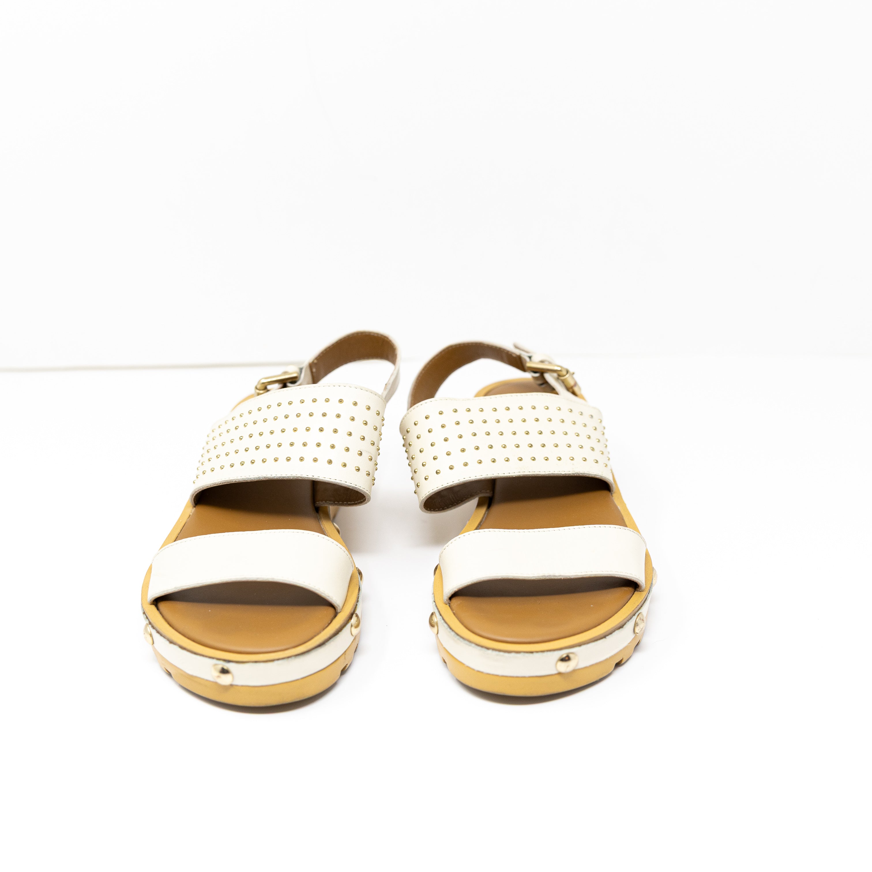 See By Chloe Martie Slingback Genuine Leather Studded Wedge Sandals Natural 5