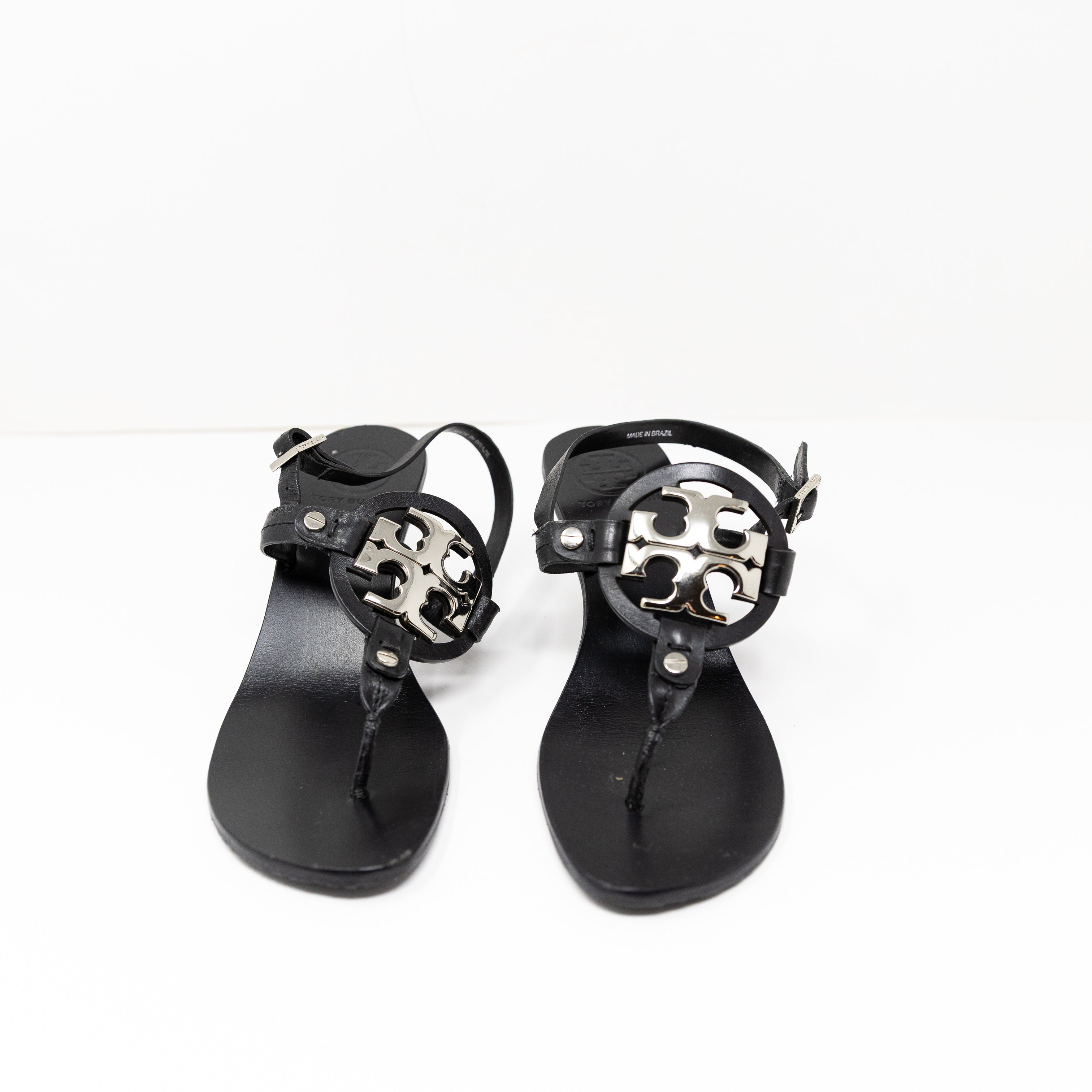 Tory Burch Holly Genuine Leather Strappy High Heel Sandals Shoes Silver Logo 6