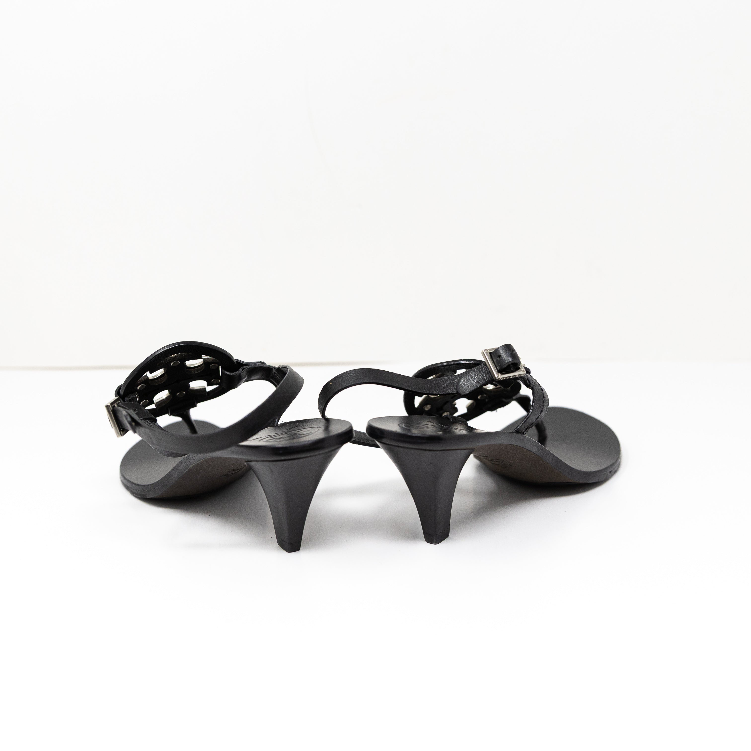 Tory Burch Holly Genuine Leather Strappy High Heel Sandals Shoes Silver Logo 6