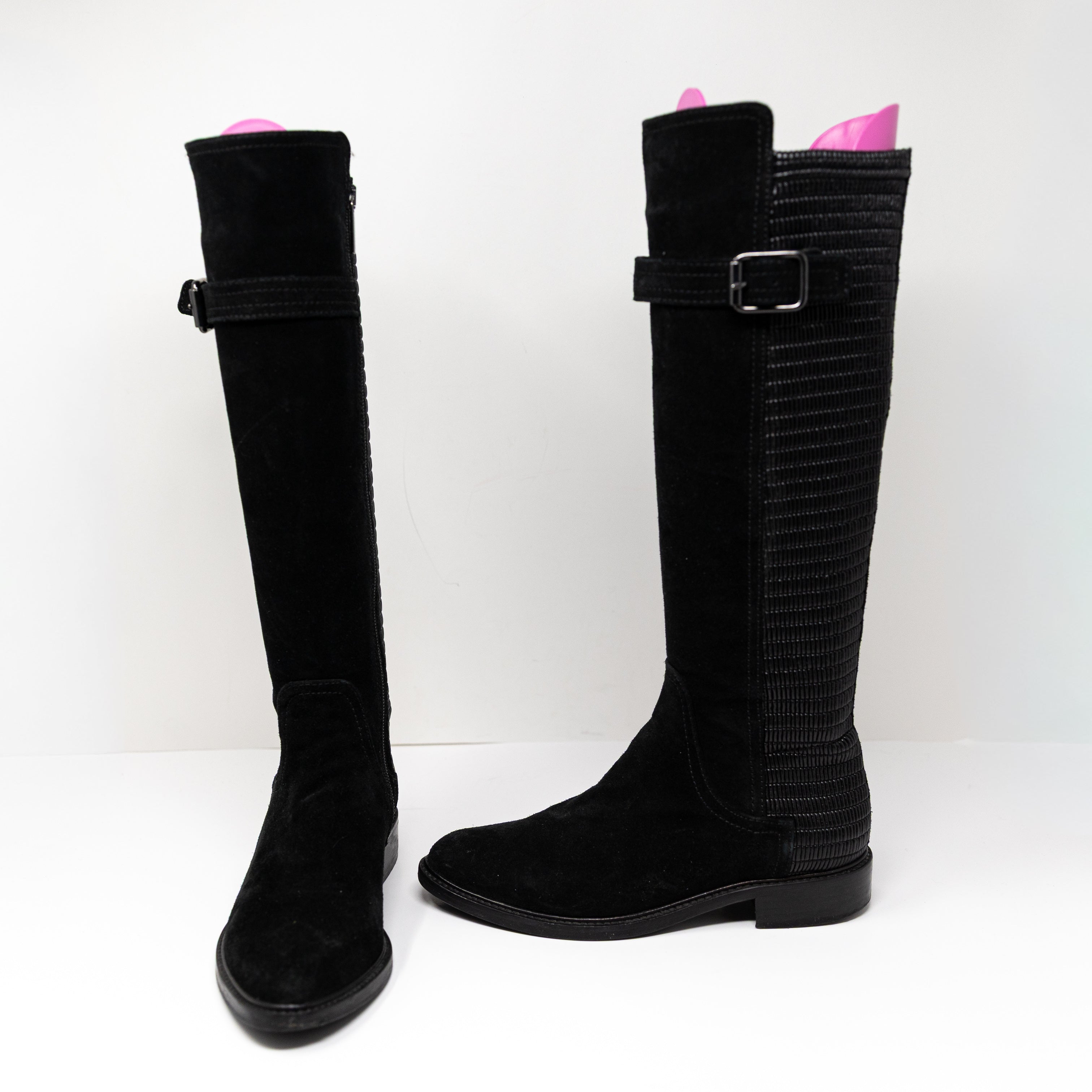 Aquatalia Gael Genuine Suede Stretch Panel Knee High Riding Boots Shoes Black 5