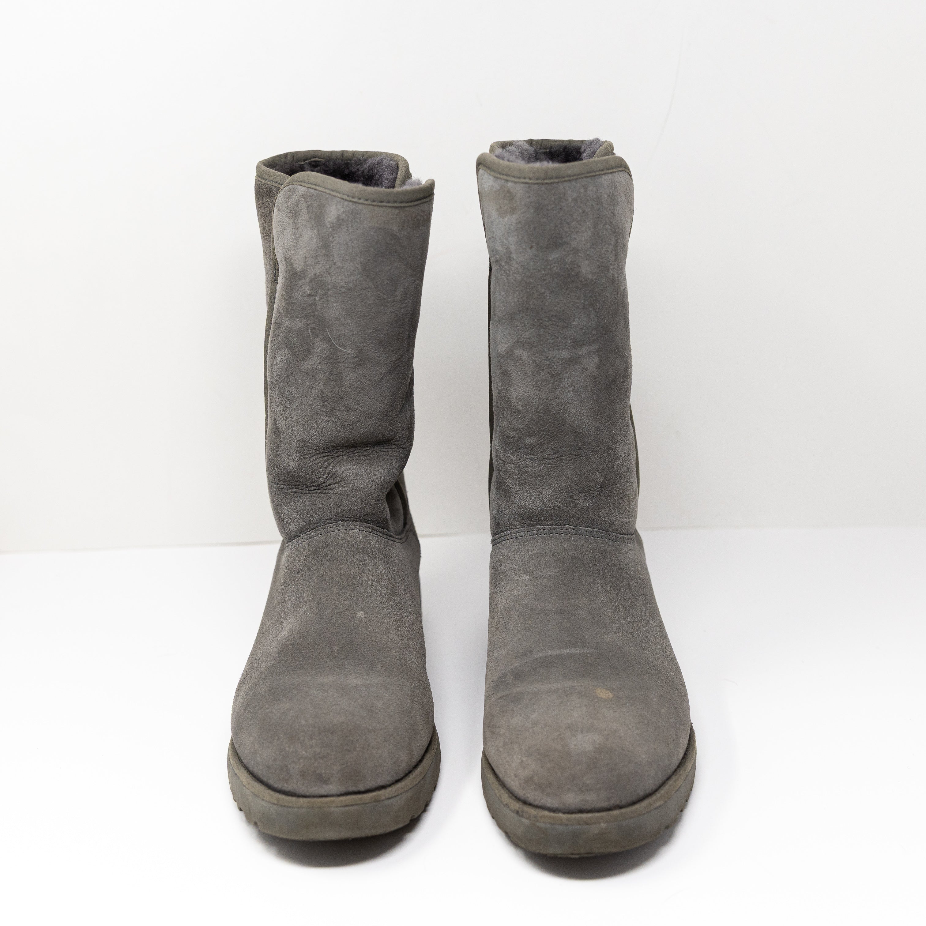 Ugg Women's Amie Slim Short Wedge Suede Shearling Lined Boots Shoes Grey 10