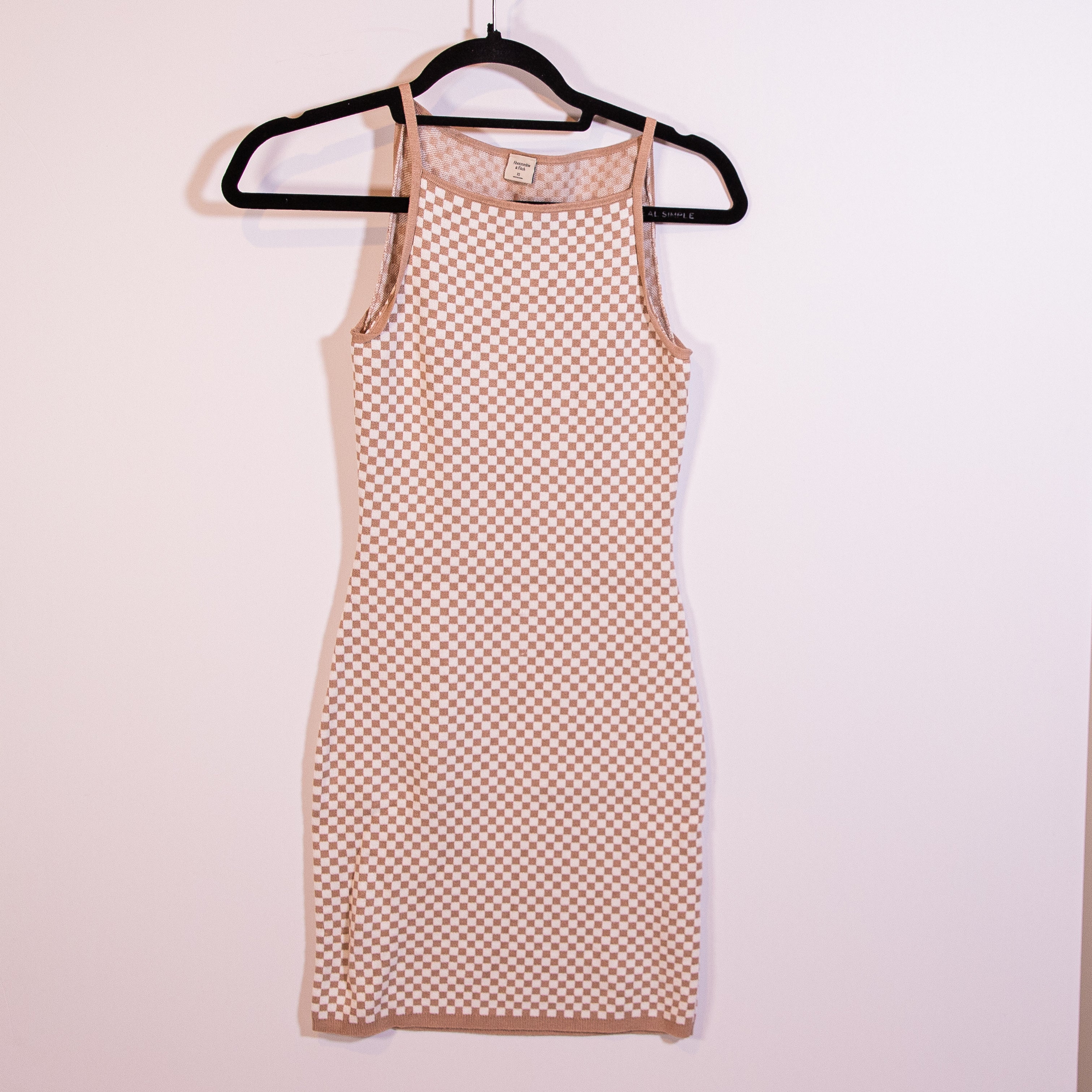 Abercrombie & Fitch Beige Ivory Racer Gingham Check Square Neck Sweater Dress XS