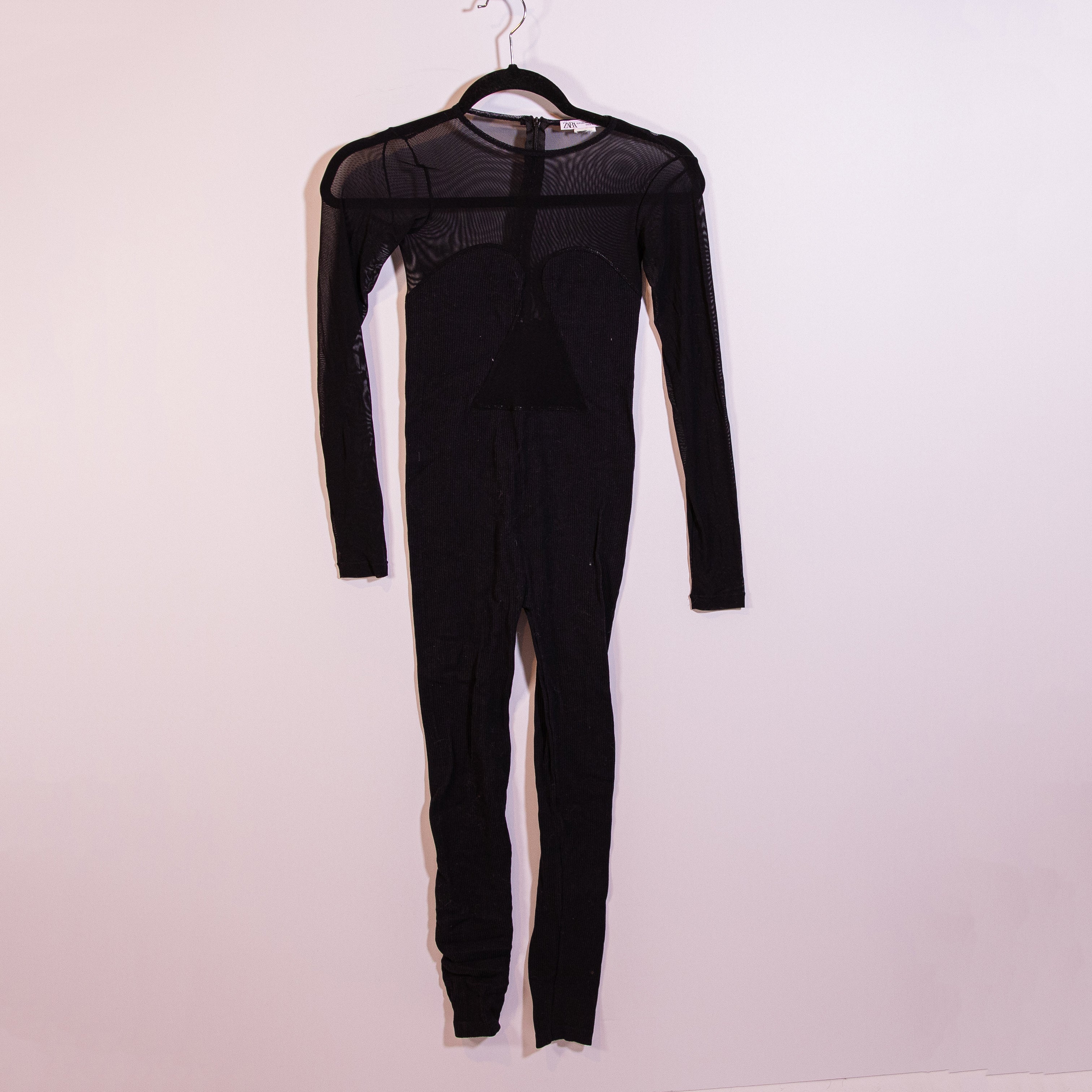 Zara Ribbed Knit Stretch Sheer Mesh Sweetheart Neckline Jumpsuit Jumper Black XS