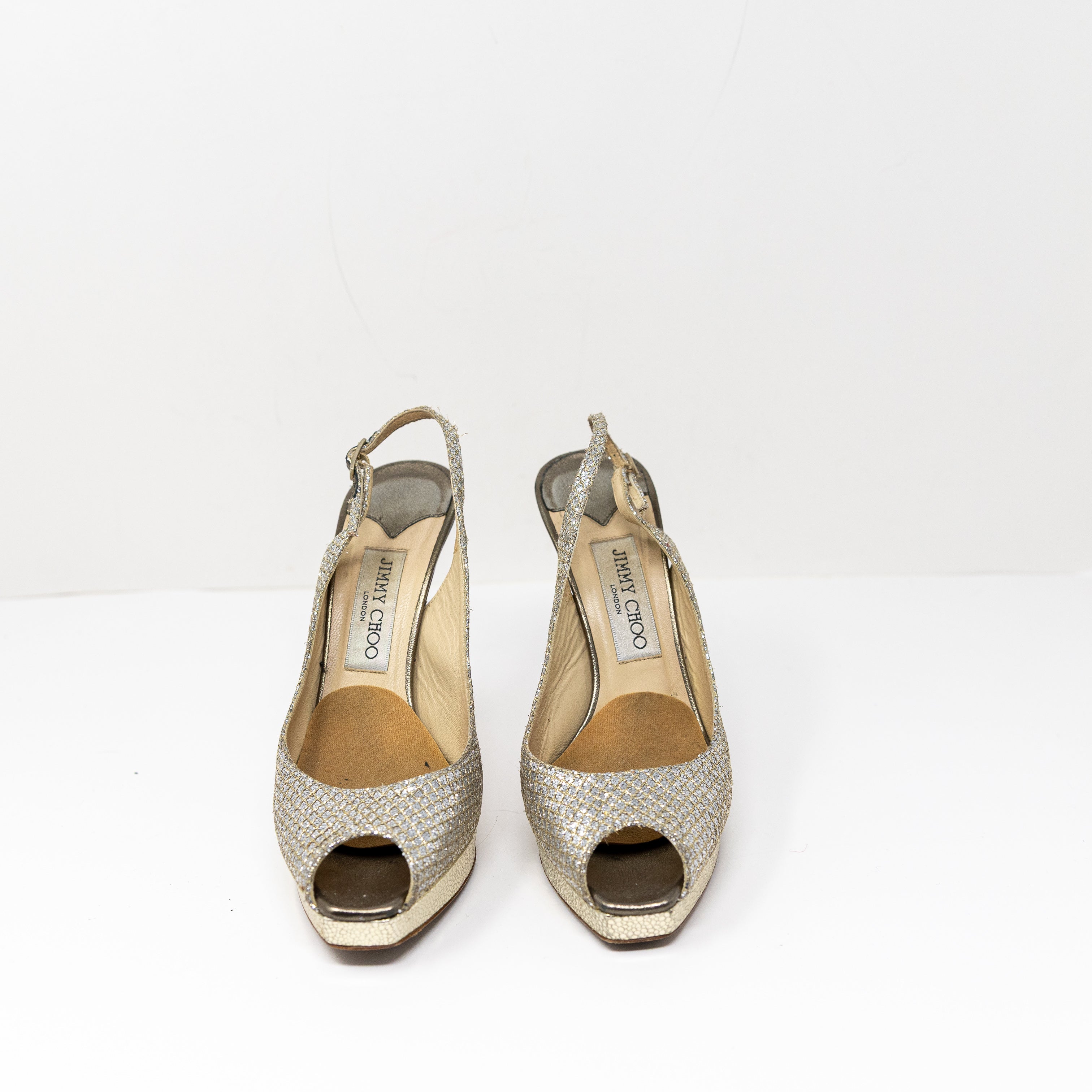 Jimmy Choo Clue Slingback Peep Toe Platform High Heels Shoes Champagne Gold 7.5
