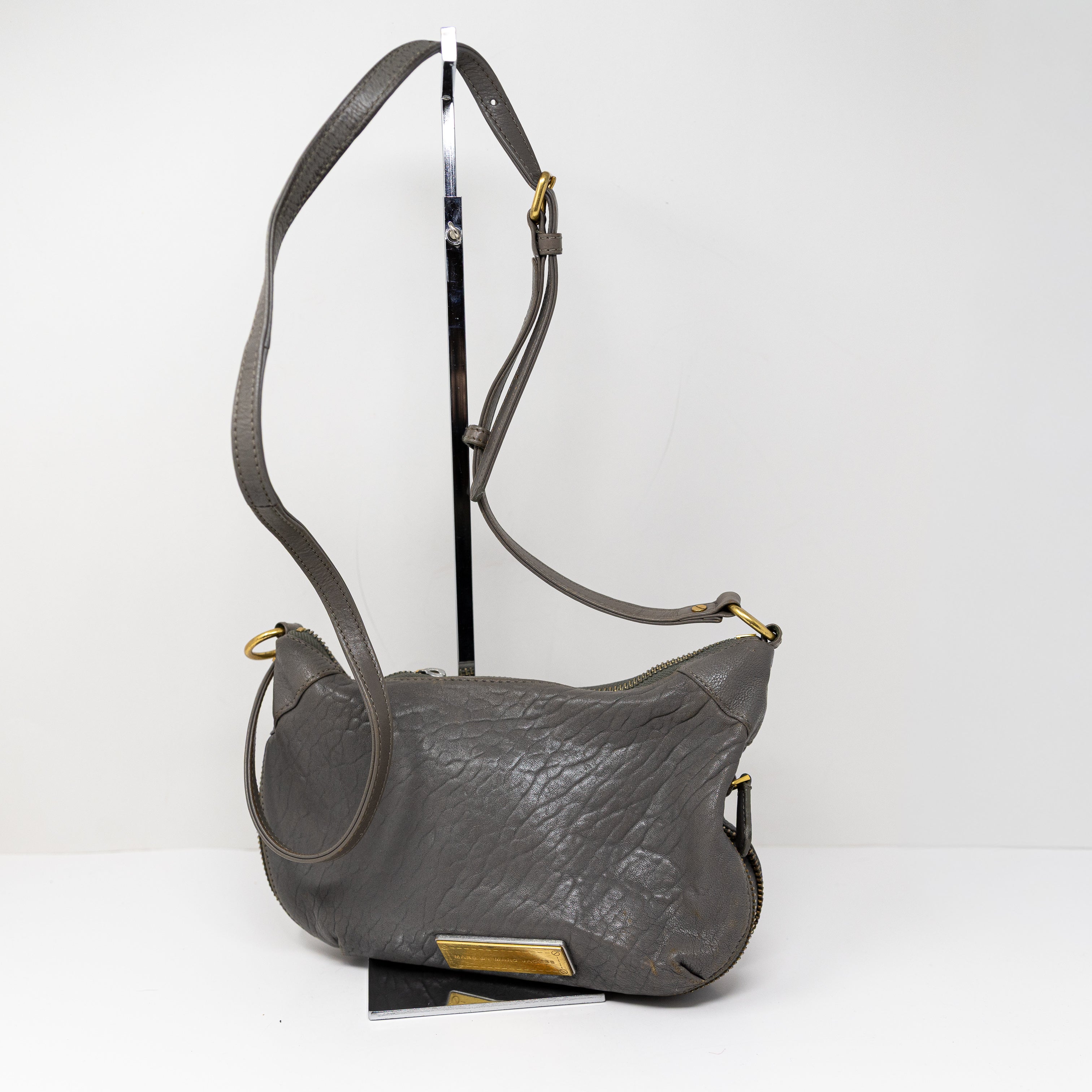 Marc Jacobs Genuine Leather Convertible Crossbody Shoulder Purse Bag Gray Gold