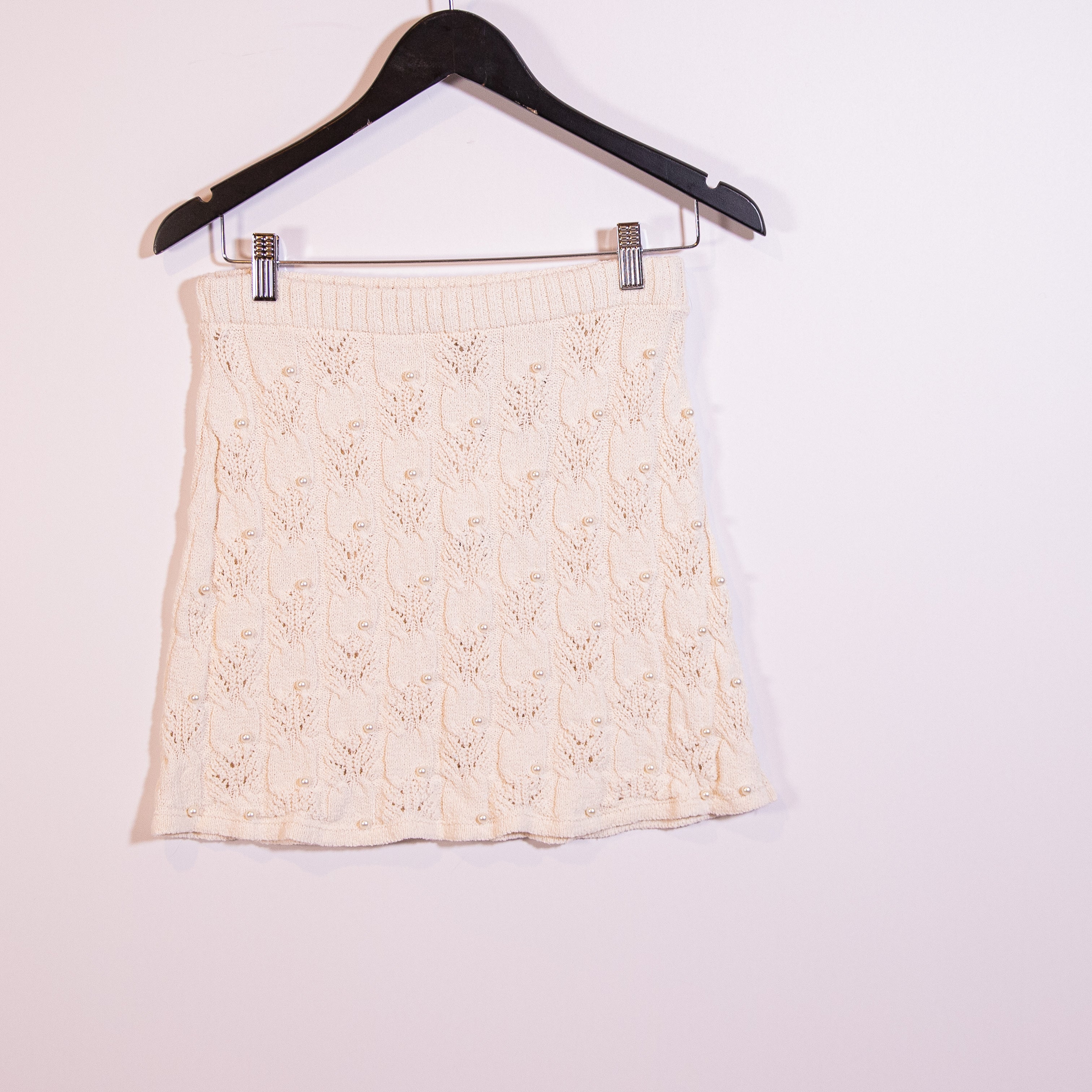 NEW Zara Cotton Blend Crochet Knit Pearl Beaded Embellished Sweater Skirt Ivory