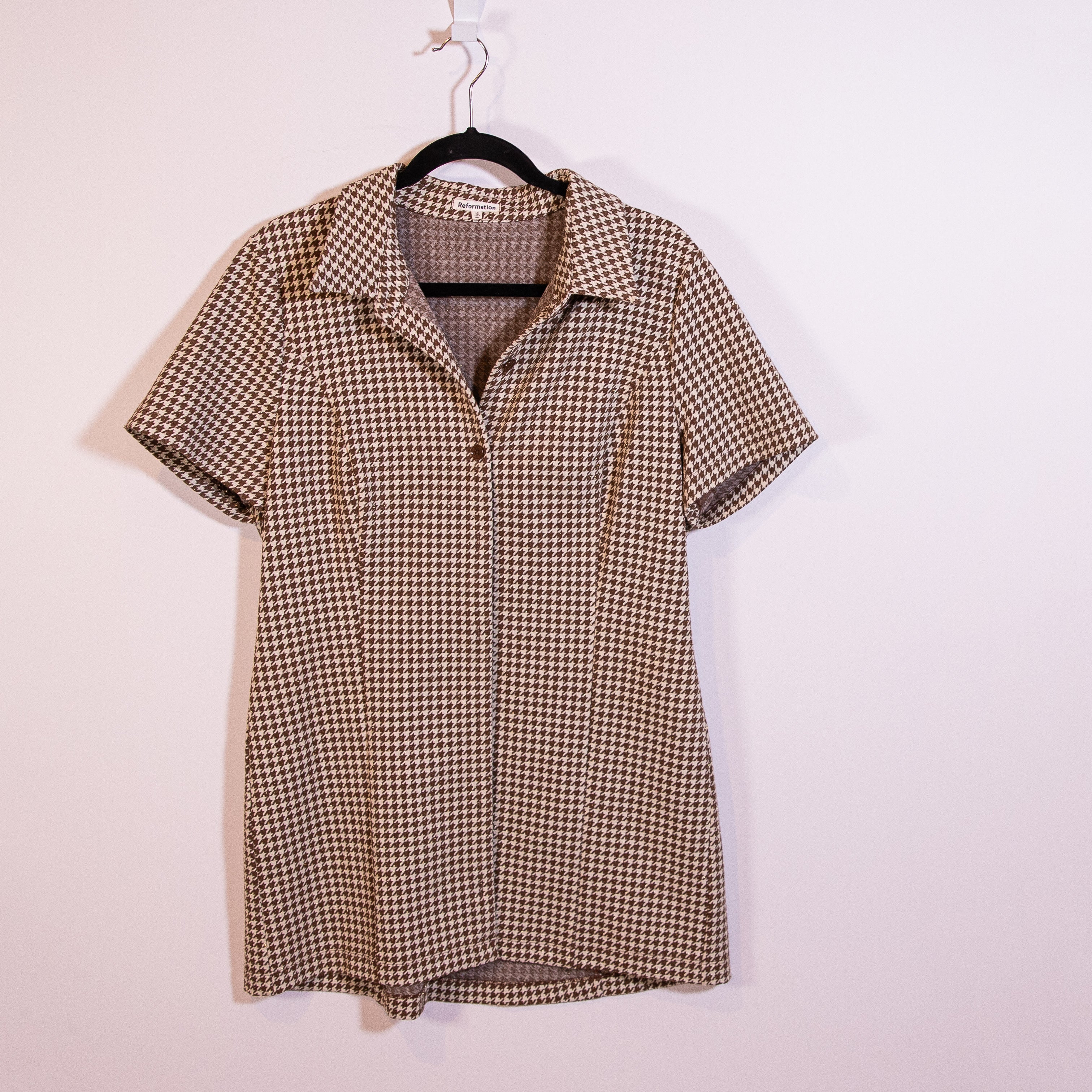 Reformation Brown Ivory Metallic Sparkle Houndstooth Print Pattern Collared Top
