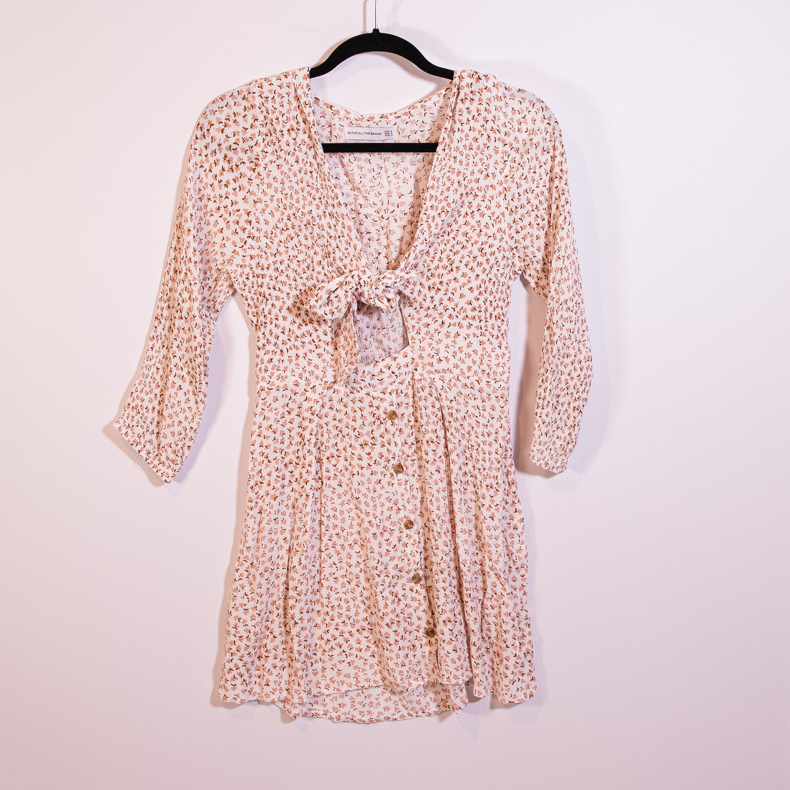 Faithful The Brand Trinidad Crepe Button Front Tie Front Mini Dress Pink Rae S