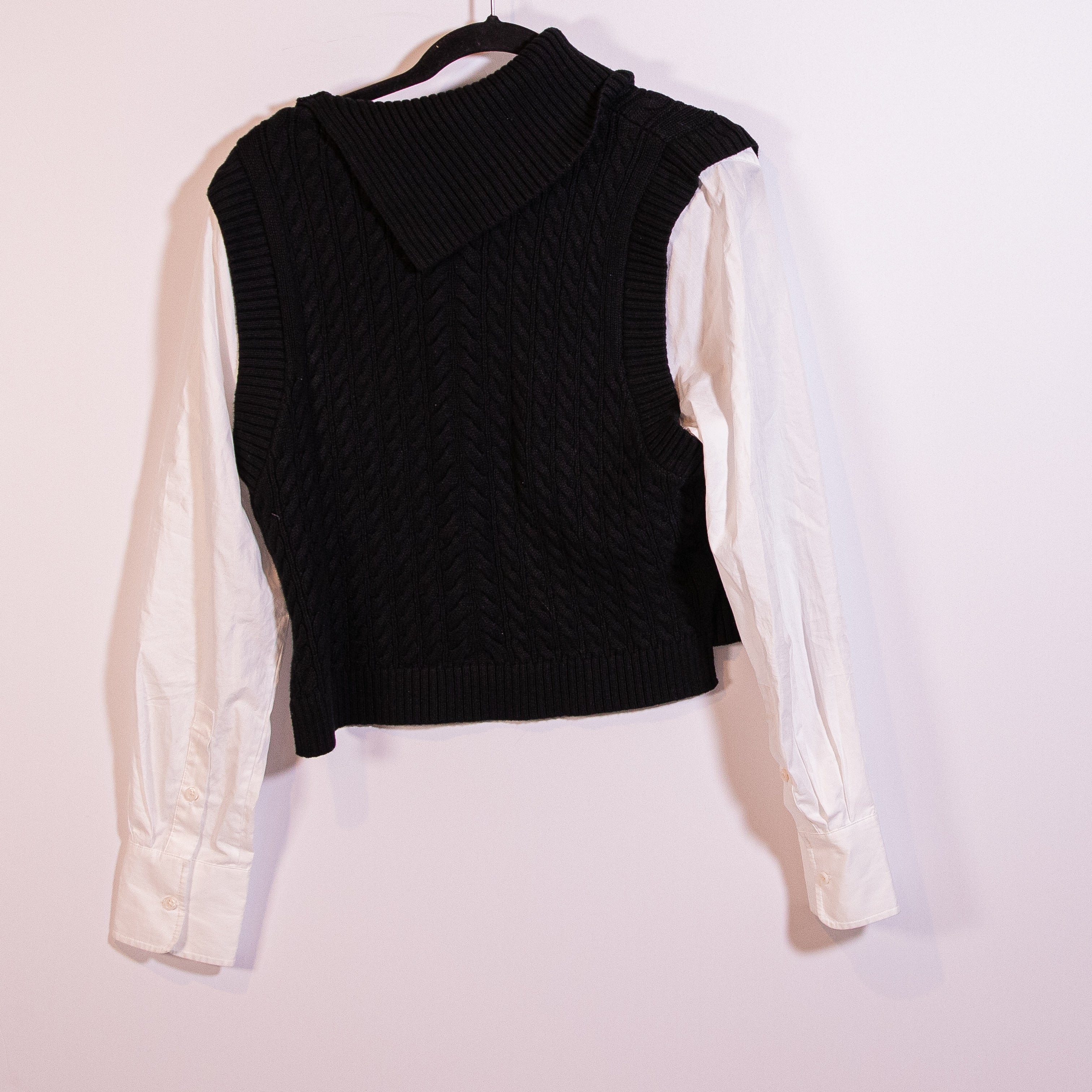 Simkhai Linnea Combo Cotton Poplin Wool Knit Overlay Long Sleeve Sweater Black M